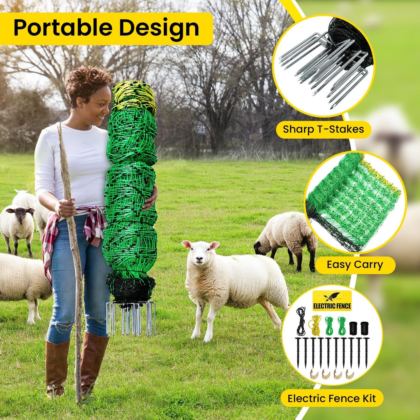 Electric Fence Netting, 42.6" H x 164'L Electric Anti-Predator Poultry Fence, PE Net Fencing Kit with 14 Posts Double Spiked, Movable Livestock Nets for Sheep, Hogs, Cattle