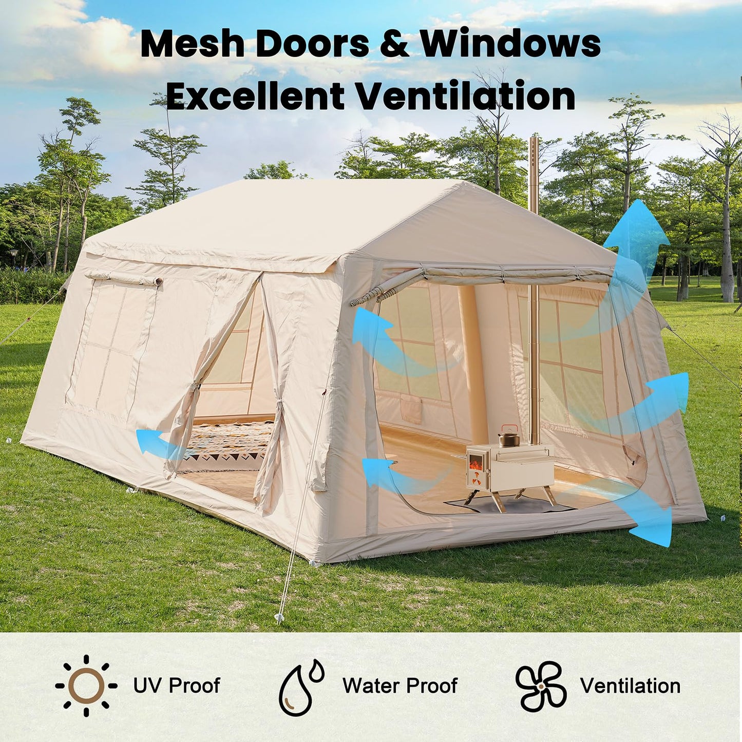 8-10 Person Large Inflatable Camping Tents with Canopy, Blow Up Tent House 2 Rooms, 4 Season Hot Tent with Stove Jack & AC Ports, Glamping Camping Tents for Outdoors, Easy Setup with Air Pump