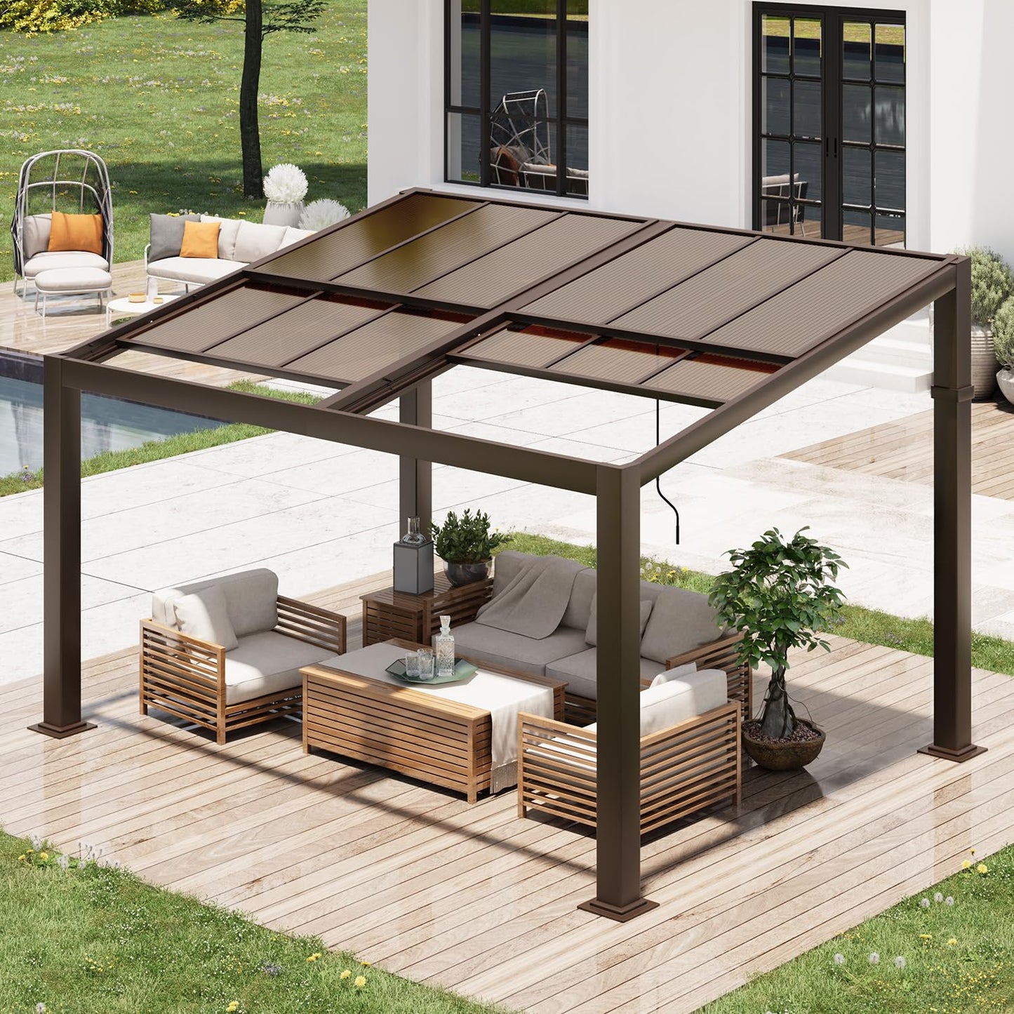 HOMMOW Gazebo 10’x13‘ with Adjustable Polycarbonate Roofs, All Aluminum Frame Permanent Pergola for Patio, Outdoor Freestanding Shelter, Dark Brown