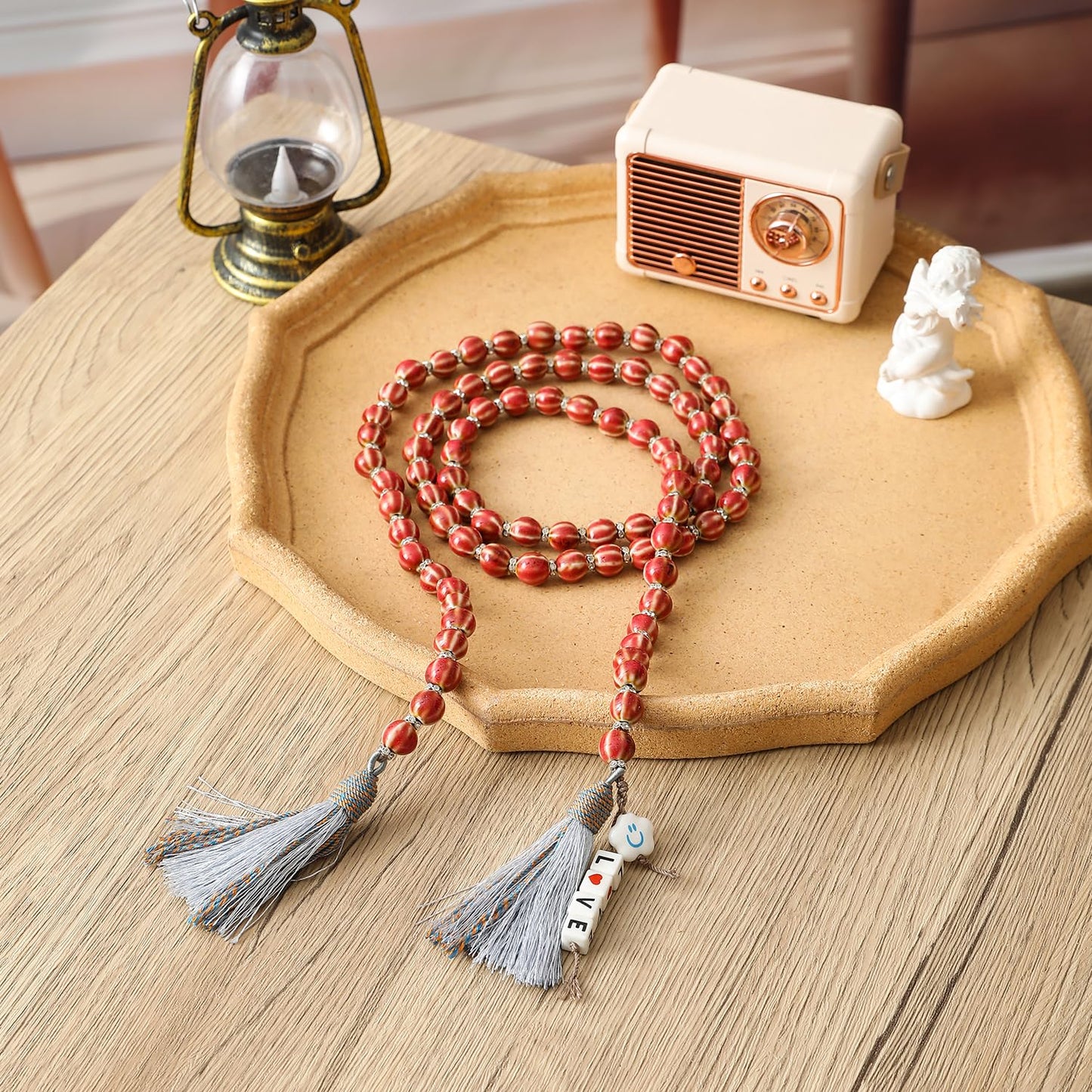 Handmade Bead Garland with Tassels - Farmhouse Rustic Prayer Bead String Wall Hanging Accent for Home Festival Decor.