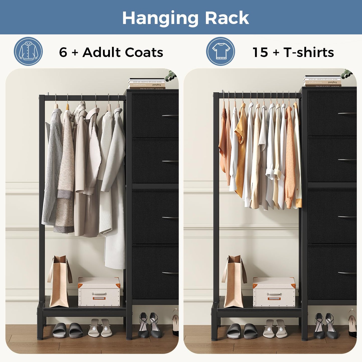 OLIXIS 4 in 1 Storage with Hanging Rack, Clothes Rack Shoes Rack, Bag Hook, Tall Storage Tower, Sturdy Frame for Bedroom Entryway Living Room Black