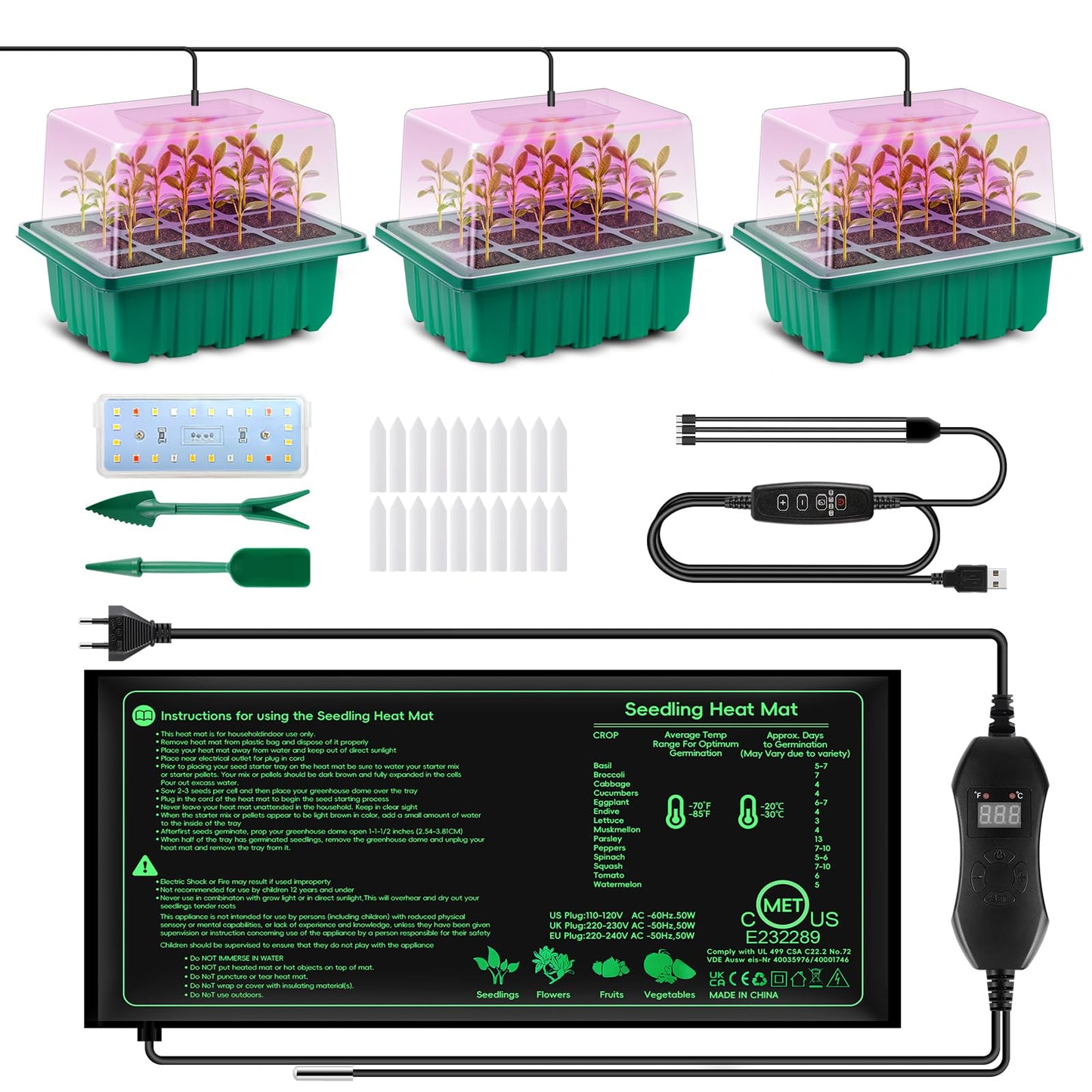 Verdenu 3PK Seed Starter Tray with Grow Lights and Tempe-Control Heat Mat, 36-Cell Large Seedling Starter Kit with Humidity Dome, Adjustable LED Lighting for Seed Germination,Temperature Adjustable