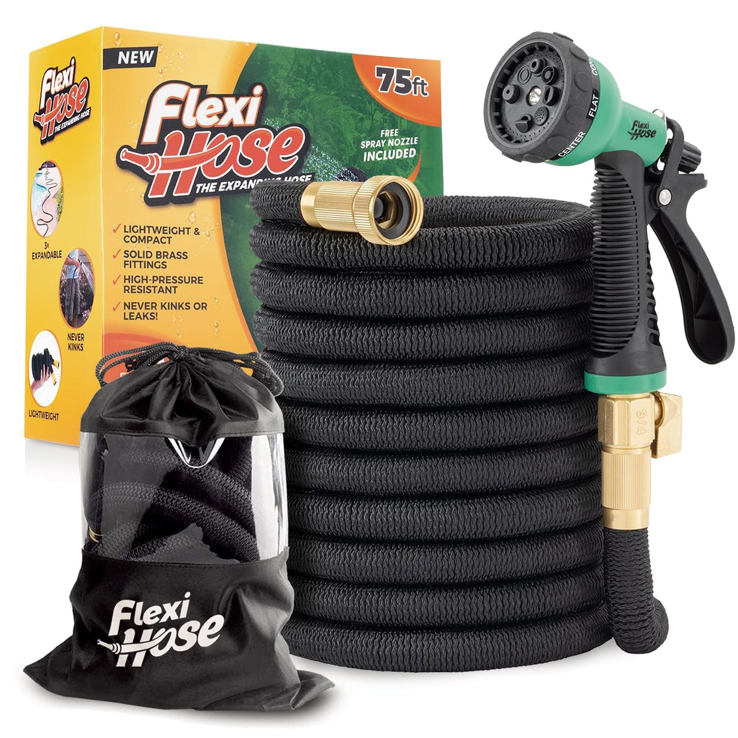 Flexi Hose Plus Expandable Garden Hose with 8 Function Nozzle, 75FT - Lightweight Retractable Garden Hose, Water Hose - No-Kink Flexibility, 3/4 Inch Solid Brass Fittings Includes Hook & Bag