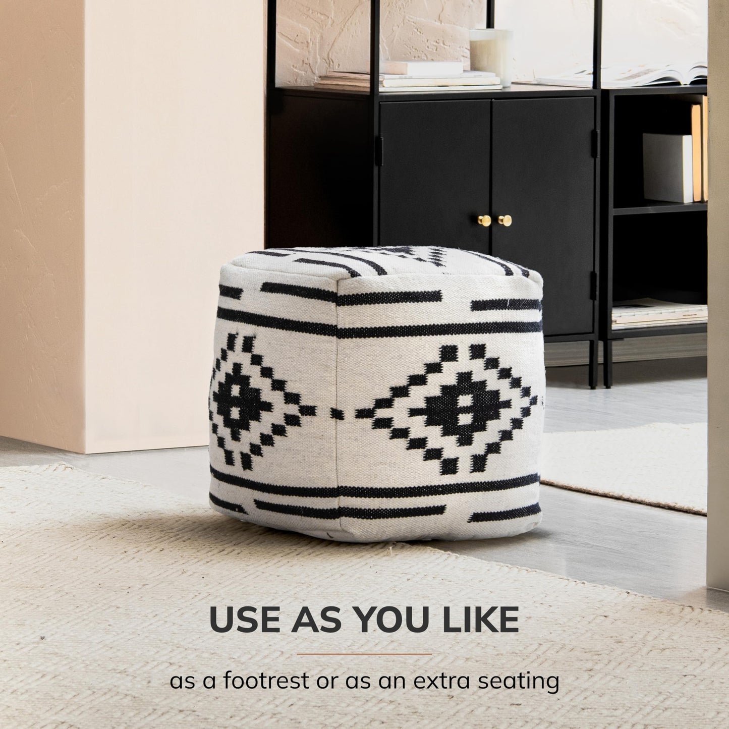 Anji Mountain Pouf Ottoman Foot Rest, Handmade Ottoman Pouf, Comfortable Foot Stool, Decorative Floor Seating for Living Room Decor, Bedroom & Home Décor Accent - Carbon Ikat