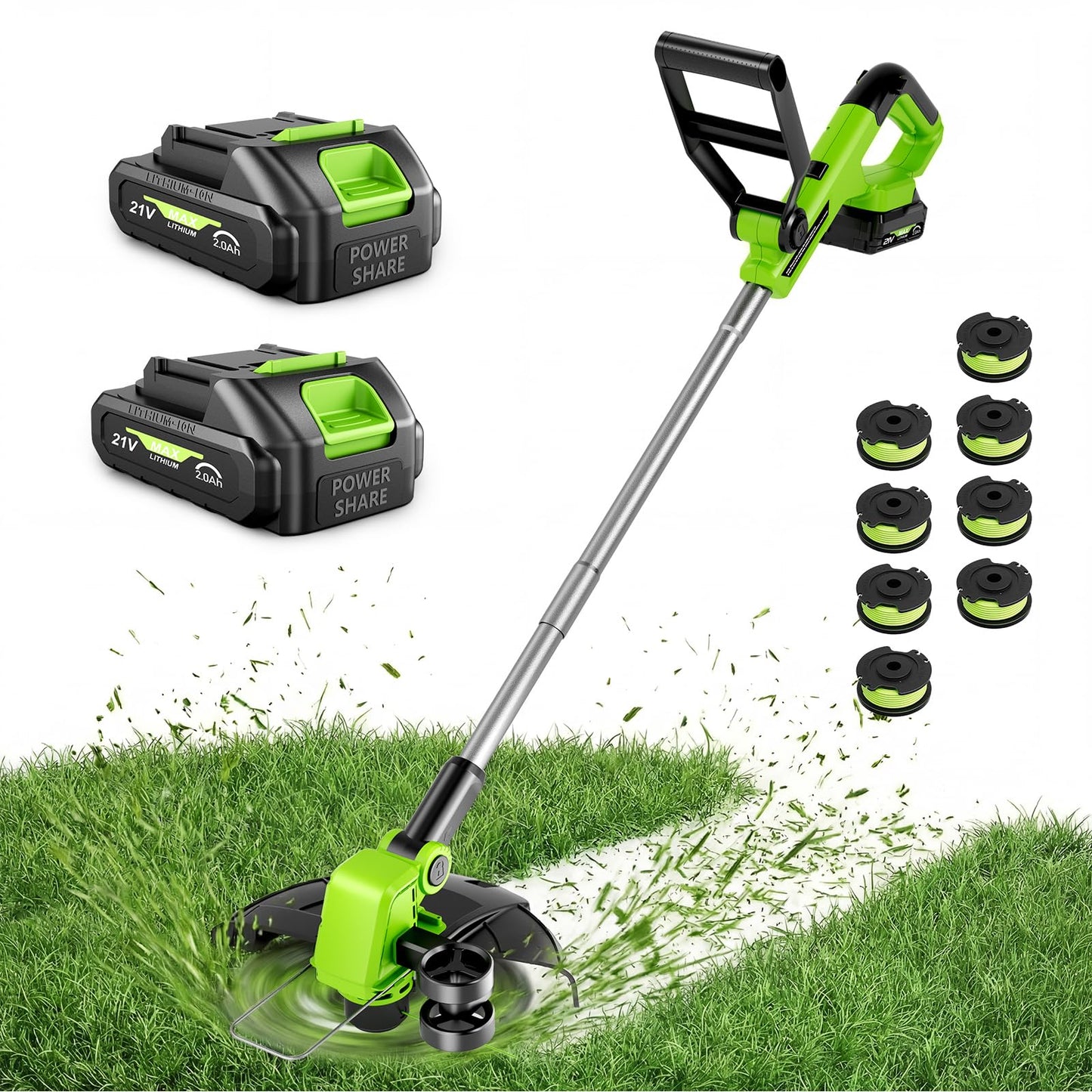 21V Weed Wacker Cordless & Lawn Edger, 9000RPM Electric Weed Eater with 2x2.0Ah Battery, 12" Auto Line Feed String Trimmer with 8 Pcs Spools, Lightweight Edger Lawn Tool for Yard, Green