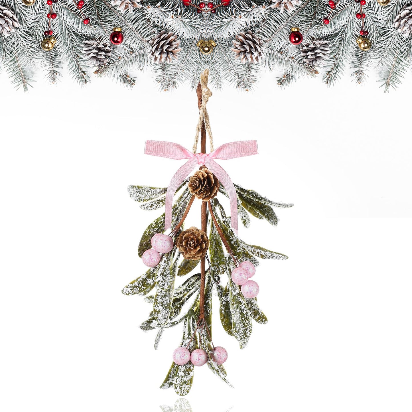 Giegxin 1 Piece Christmas Artificial Mistletoe Ornament with Red Bow Christmas Hanging Mistletoe Decoration Bouquet Floral Natural Pine Cones Holiday Decoration Ornament Bouquet (Pink Style)