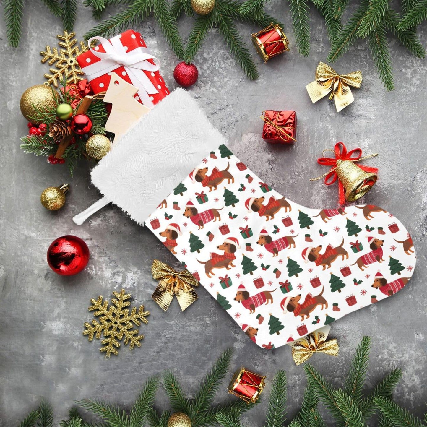JUDIAN Christmas Stocking 18 inch with White Cuff, Classic Hanging Stockings Xmas Stockings Ornament Gifts for Fireplace Mantel, Holiday Decorations for Family, Party, Gift Giving (1 Pcs)