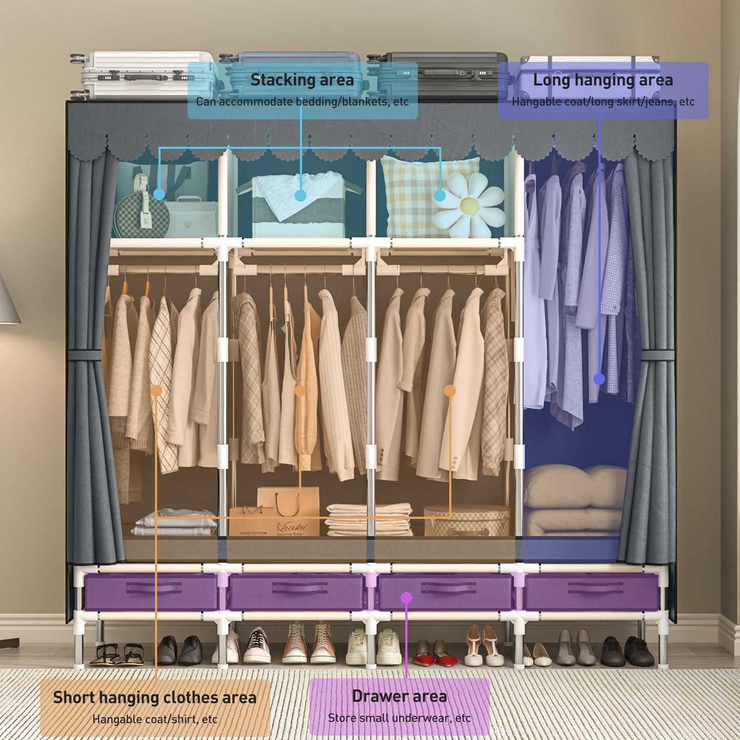 LEAIJIAFY Large Portable Wardrobe with 4 Hanging Rods and Drawers, Armoire, Metal Storage Wardrobe Hangers, Upgraded Grey Non-Woven Dust Cover for Handing Closet,Large Closets for Bedroom