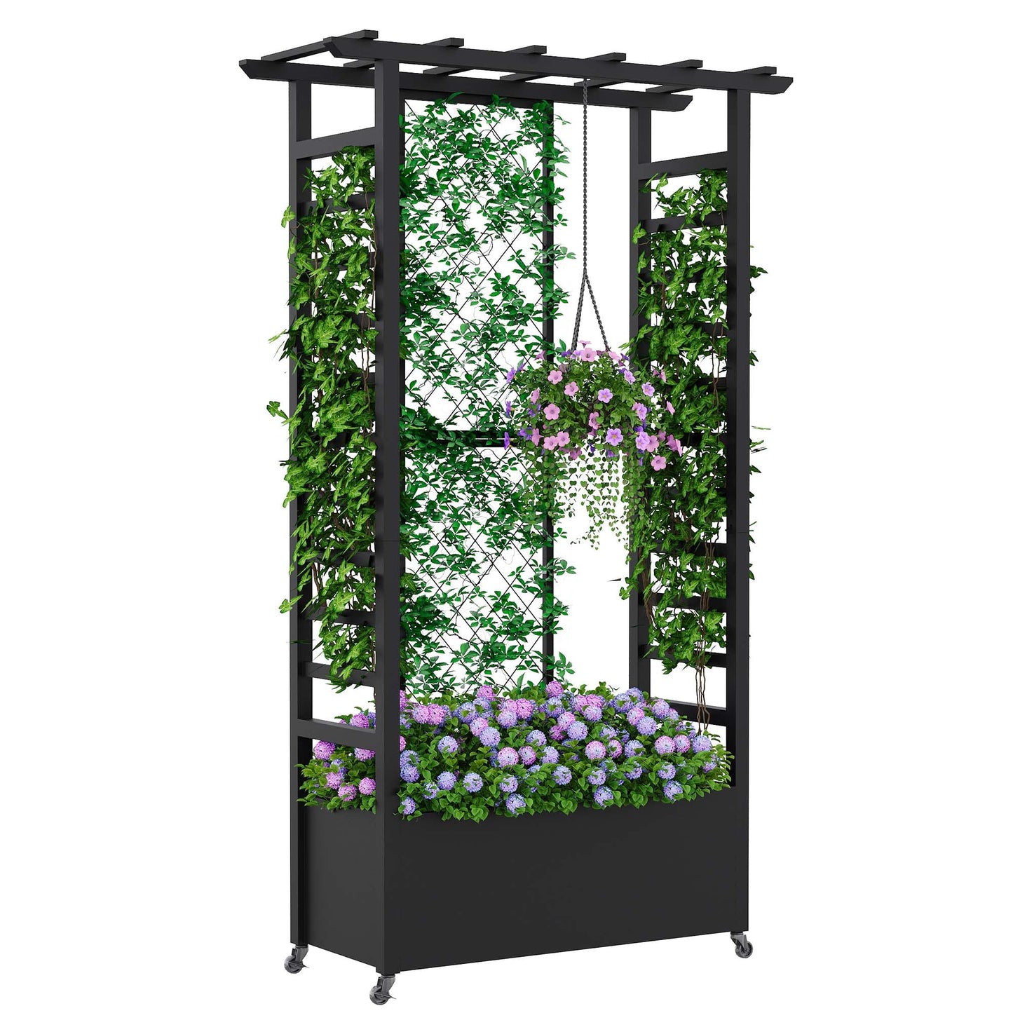 Sunnibety Raised Garden Bed with Trellis & Hanging Roof, Weatherproof Metal Planter Box with Wheels, Garden Arch Trellis for Outdoor Climbing Plants Vines Flowers, 74" H x 44" L x 17" W, Black