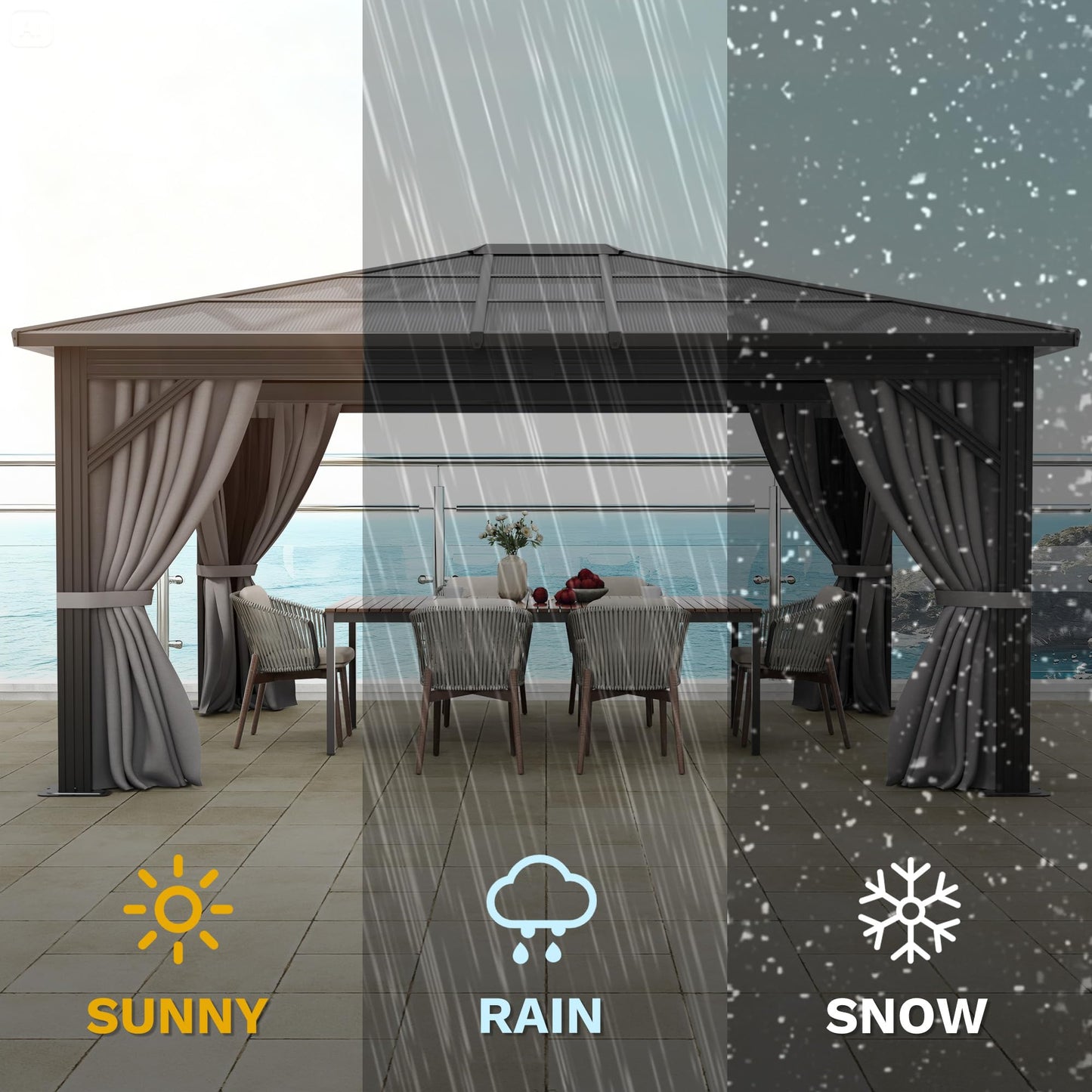 DWVO 10x12ft Gazebo Hardtop Double Roof Polycarbonate Canopy Outdoor with Netting and Shaded Curtains, Metal Frame Garden Tent for Patio, Backyard, Deck and Lawns, Gray