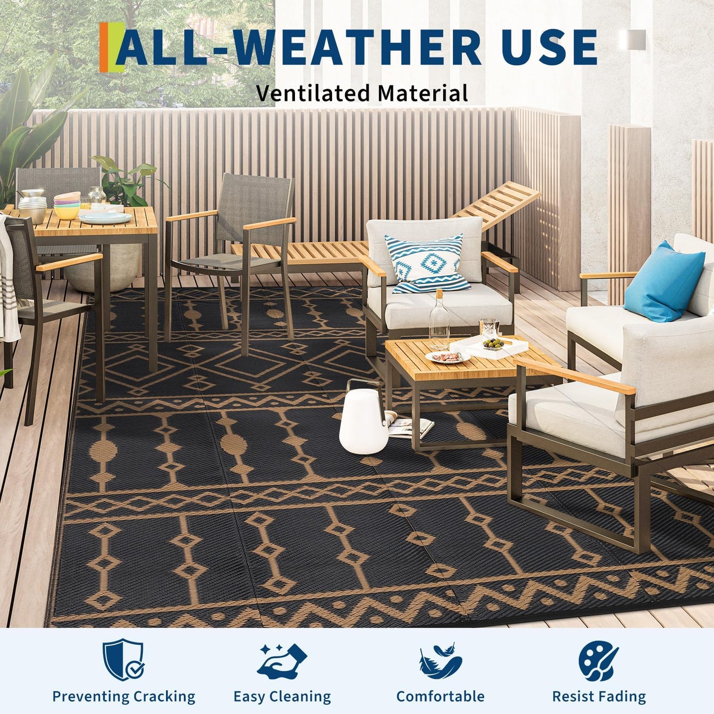Jojoka Outdoor Waterproof Plastic Straw Rug, Large Reversible Portable Floor Mat, Outside Carpet for Patio, Balcony, Deck, Porch, Backyard, RV Travel & Camping