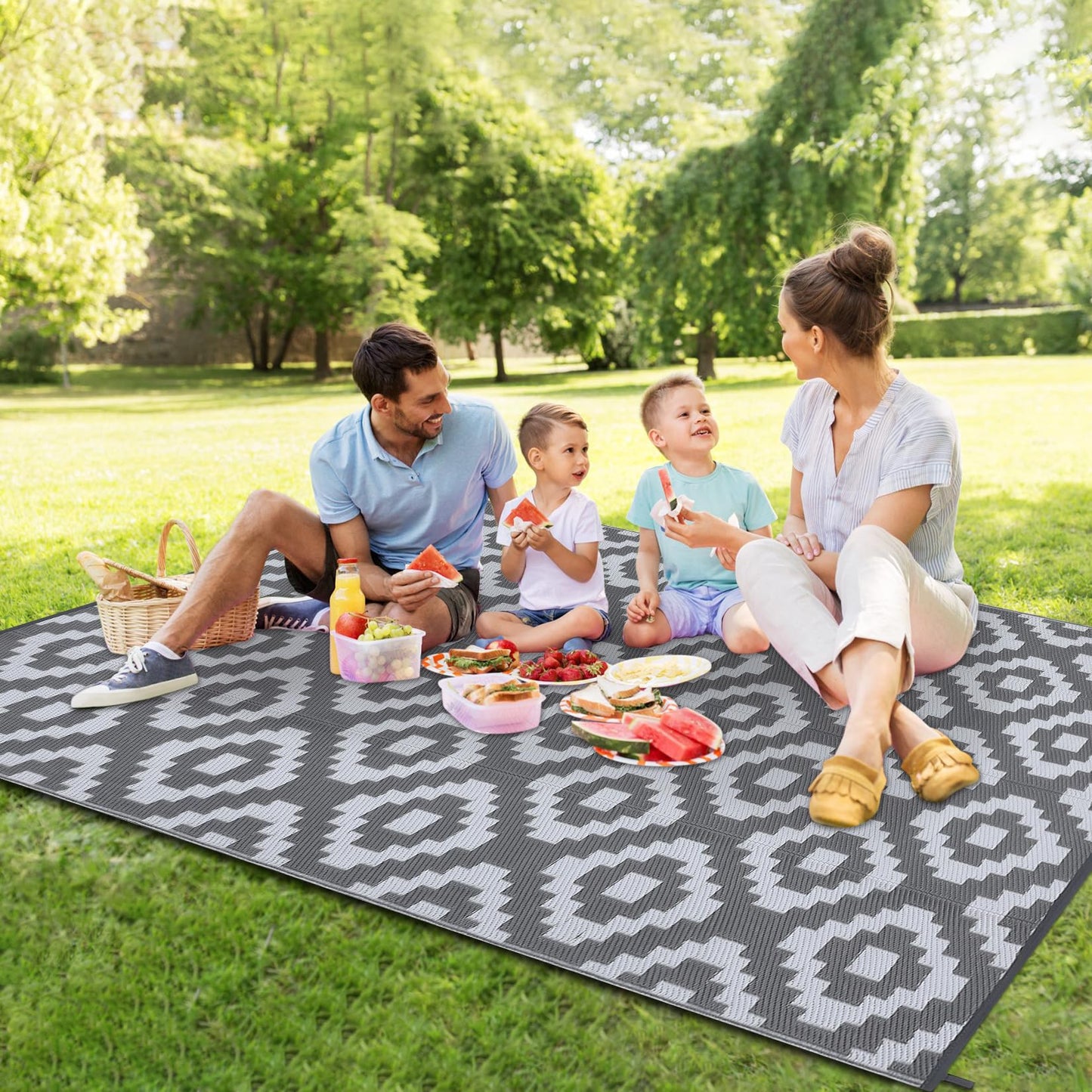 GAOMON Outdoor Rug 8x10 Area Rugs for Patio Waterproof Plastic Straw Rug Reversible Patio Rugs RV Camping Outdoor Carpet for Porch Patio Outside RV Deck Balcony Picnic Beach Decor Square-Grey/White