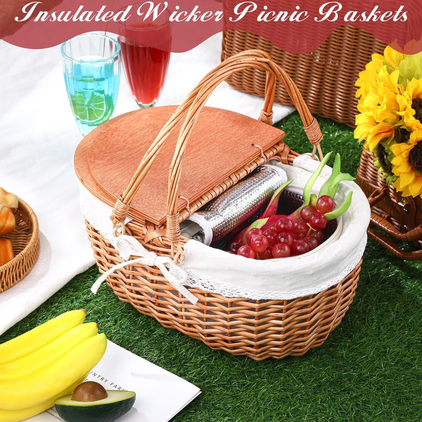 DoubleFill Wicker Insulated Picnic Basket with Lid Wicker Picnic Basket with Folding Handles and Insulated Cooler Bag for Camping Outdoor Easter Valentine Birthday Gift(White)