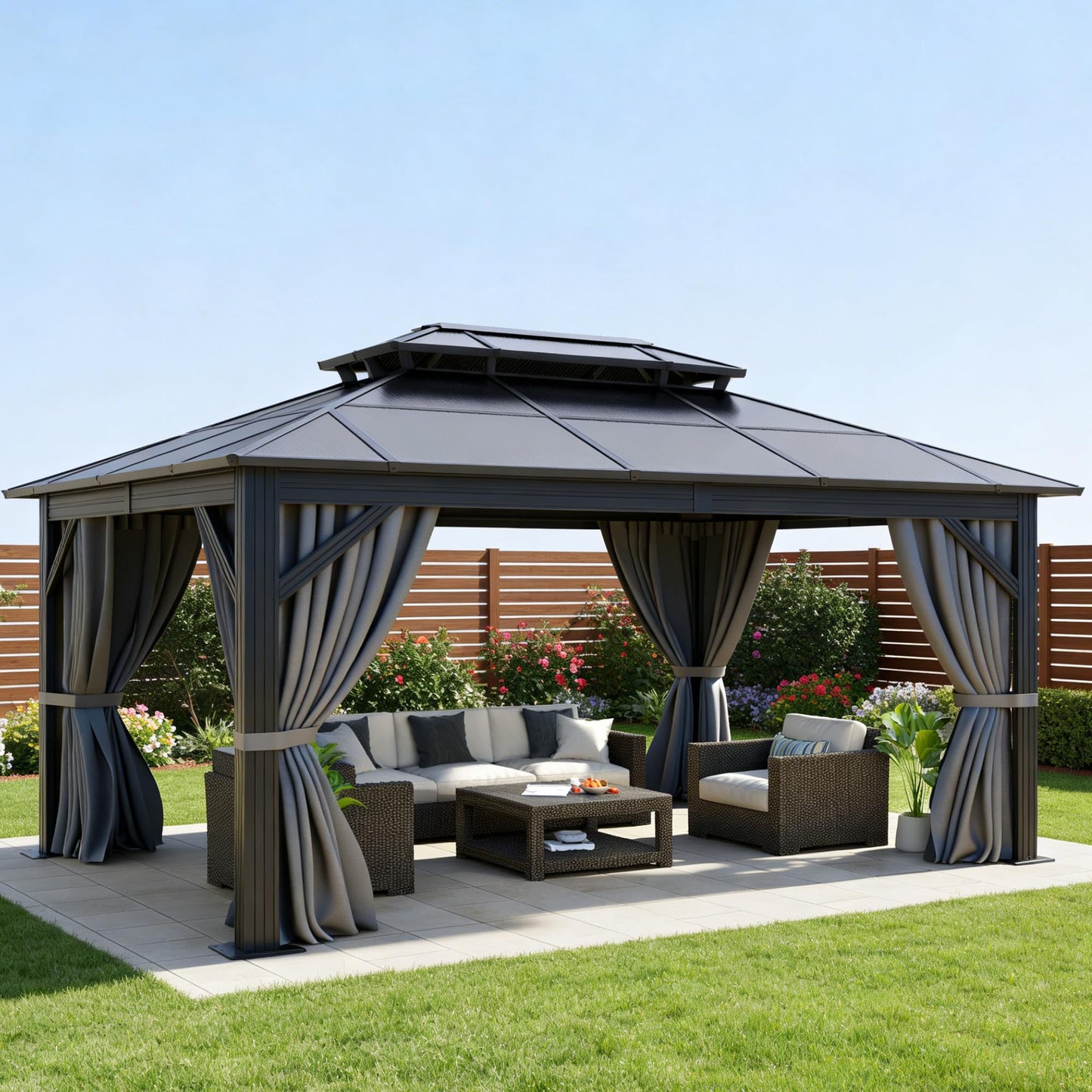 DWVO 10x12ft Gazebo Hardtop Double Roof Polycarbonate Canopy Outdoor with Netting and Shaded Curtains, Aluminum Frame Garden Tent for Patio, Backyard, Deck and Lawns, Gray