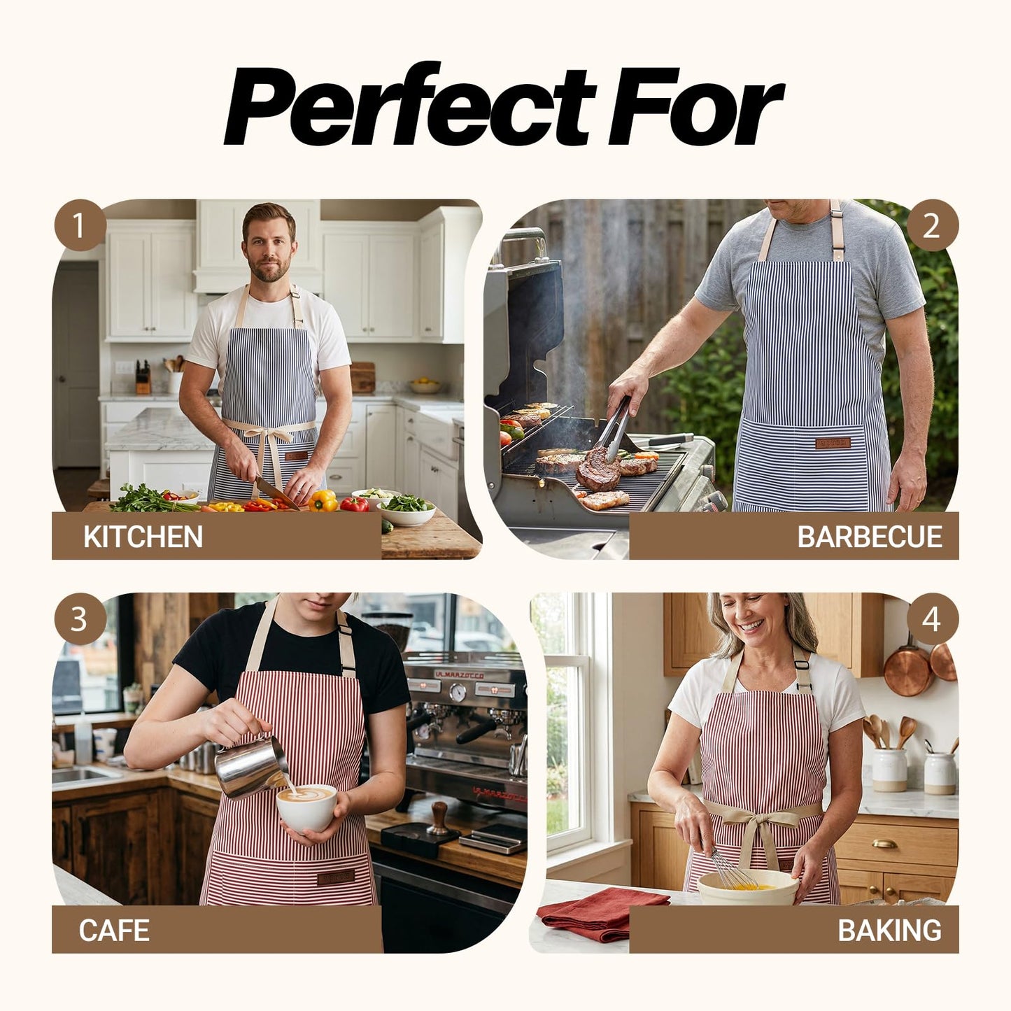 ZAIORD 2Pack Adjustable Kitchen Apron for Women Men with 2 Pockets，Cotton-Polyester Blend Bib Aprons for Cooking,Baking