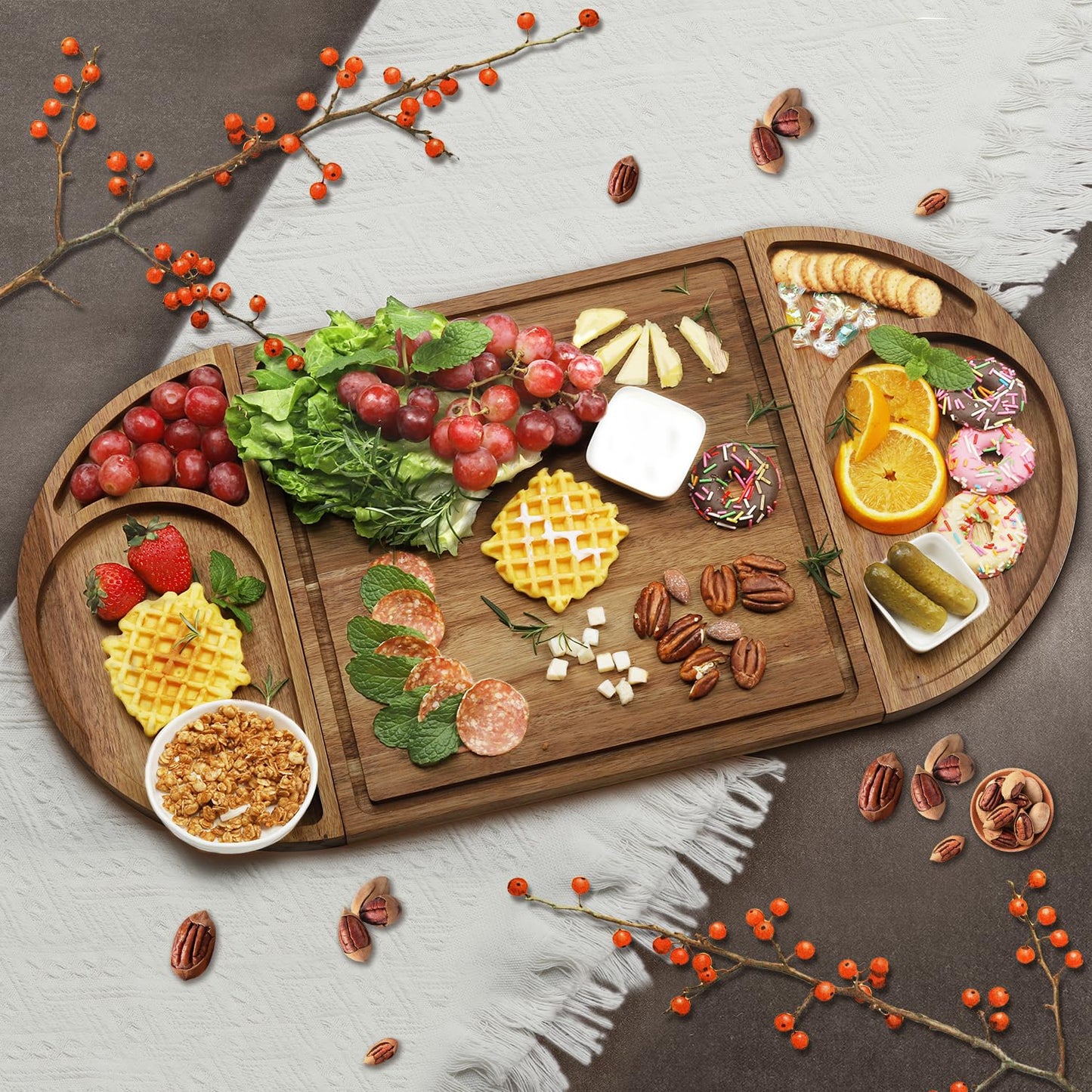 Extra Large Magnetic Charcuterie Board Cheese Board Gift Set 3 Part Square & Round & Heart Shaped Acacia Wood Charcuterie Cheese Boards Wooden Tray Serving Board Platter for Valentine