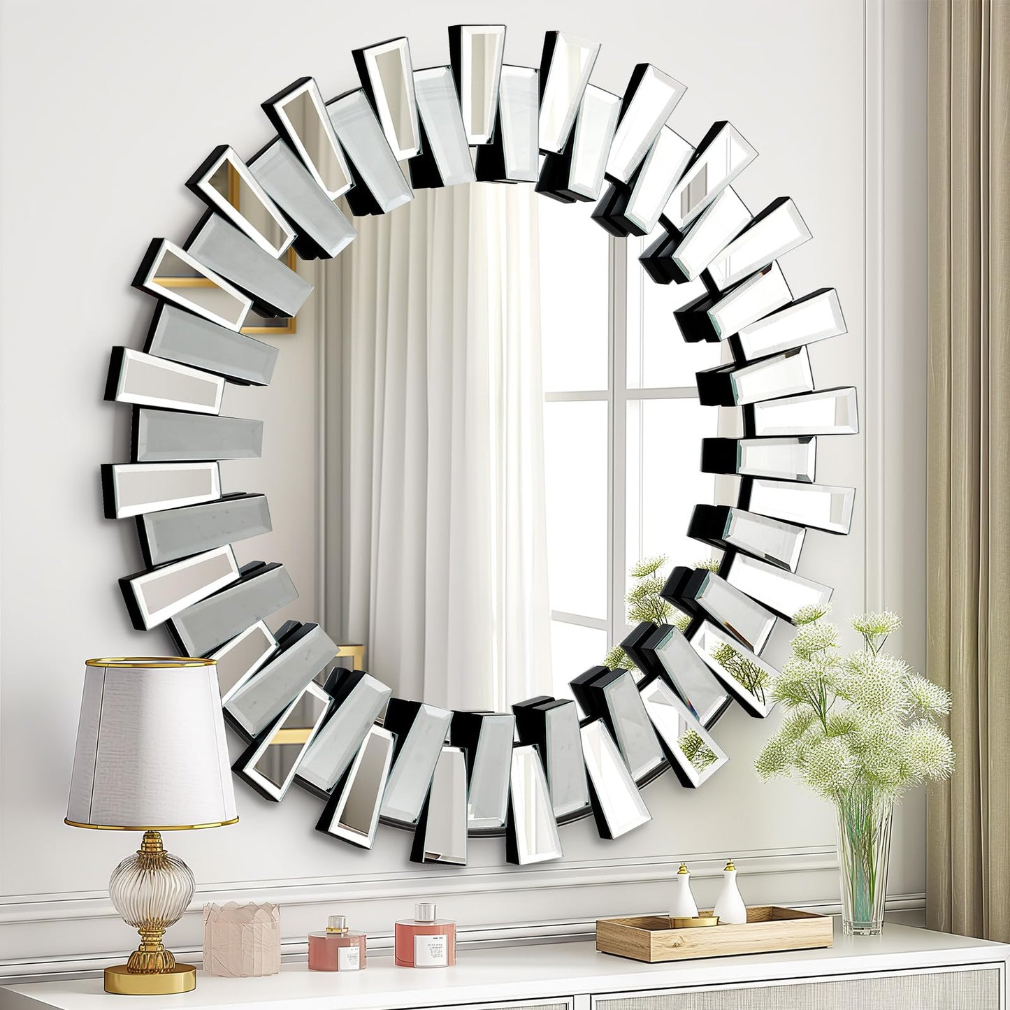 QDSSDECO Round Mirror Sunburst Wall Mirror 31.5" Beveled Edge Frameless for Living Room Bathroom Bedroom Entryway Decor