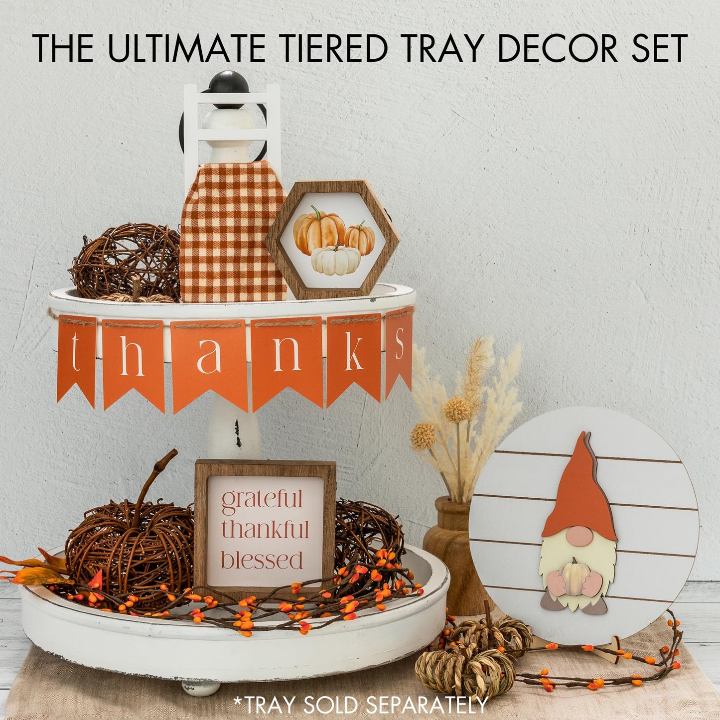 Beautiful Tiered Tray Decor Set for Christmas - Interchangeable All Season Decorations Bundle Incl. Spring, Valentines Day & More - Modern Farmhouse Centerpiece for Home & Kitchen Decor