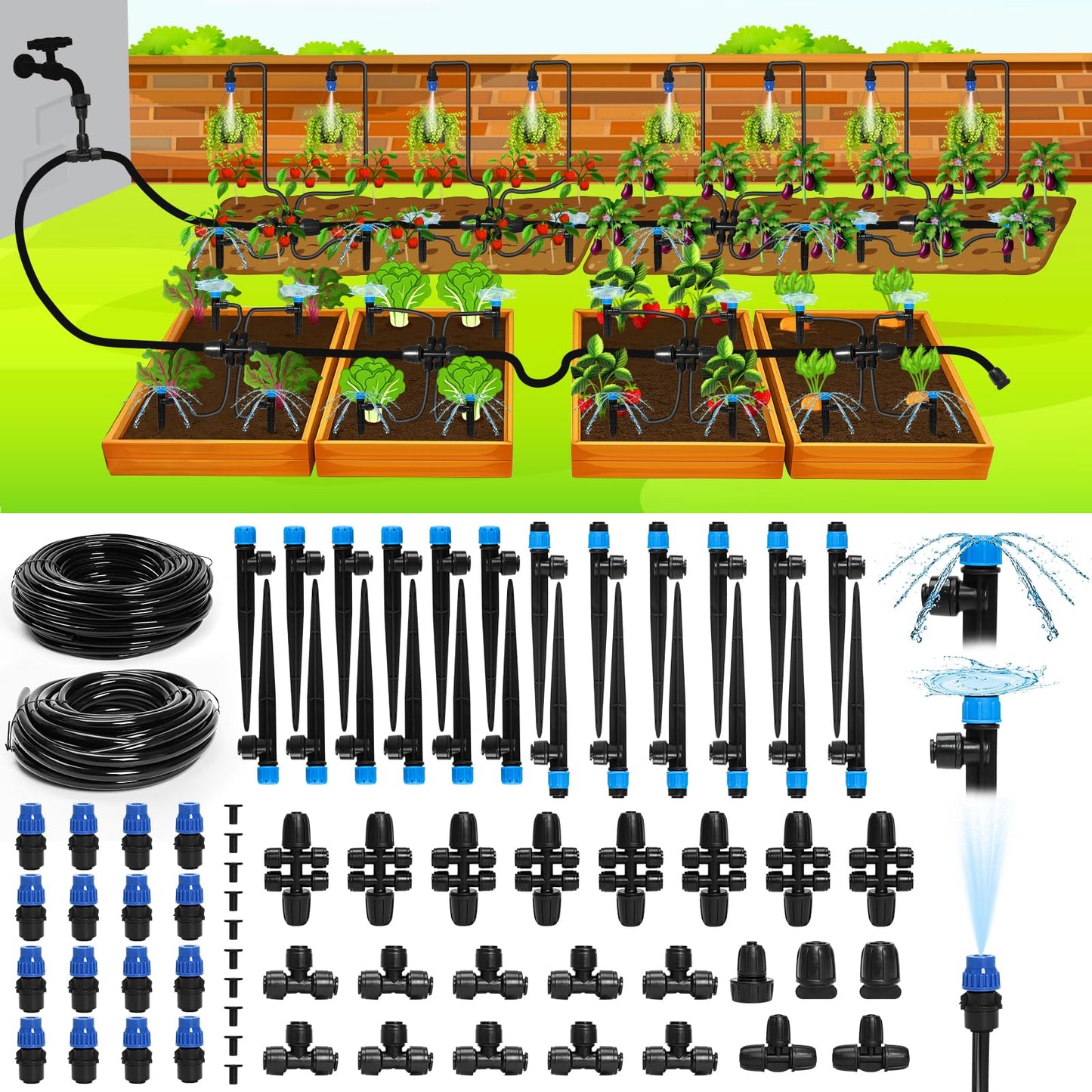 Bonviee Drip Irrigation System 230FT – Quick Connect Garden Watering Kit with Adjustable Drip Emitters, 1/4” & 5/16” Tubing for Raised Beds, Greenhouse, Lawn, Automatic Timer Compatible