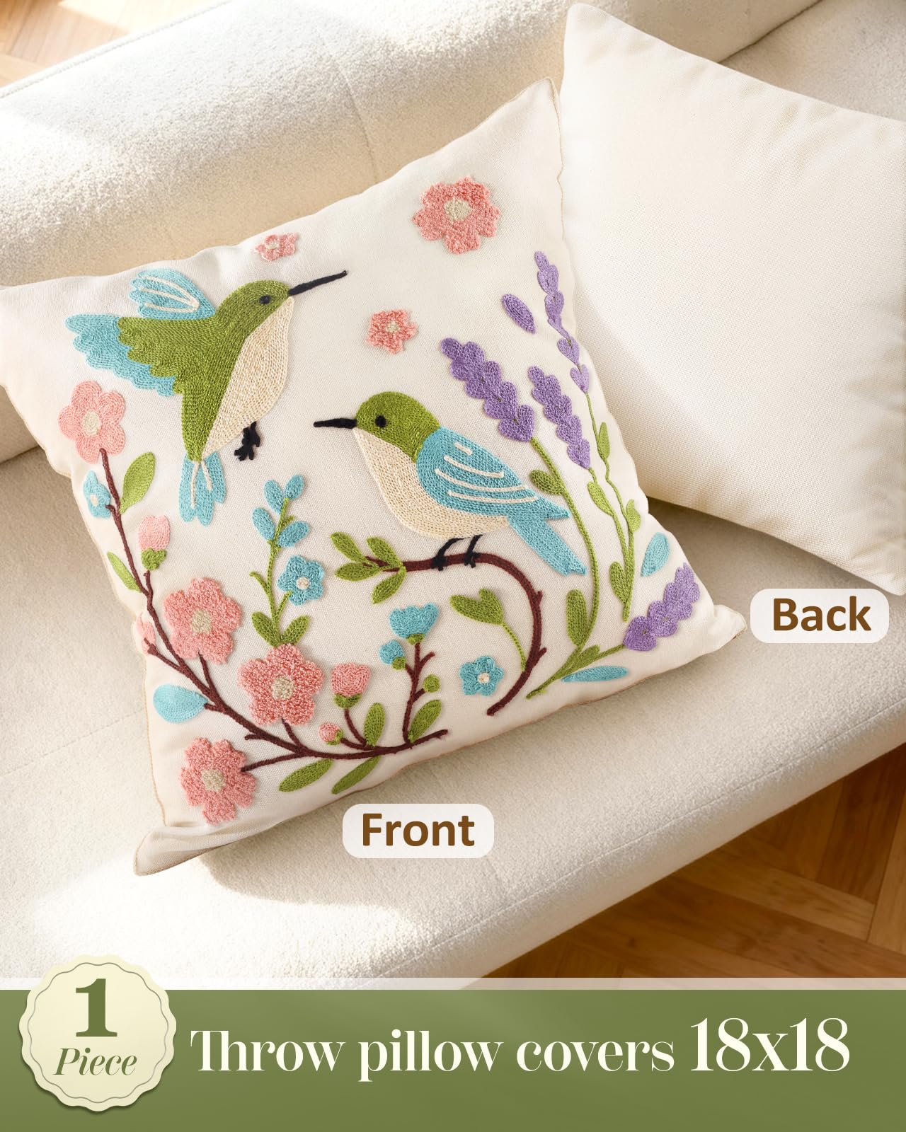 Kokaaee Spring Pillow Cover 18x18 Inch – Embroidered Summer Throw Pillow Cover Flowers Birds Farmhouse Decorative Cushion Case with Hidden Zipper Decoration for Couch, Sofa, Living Room(1 Pack)