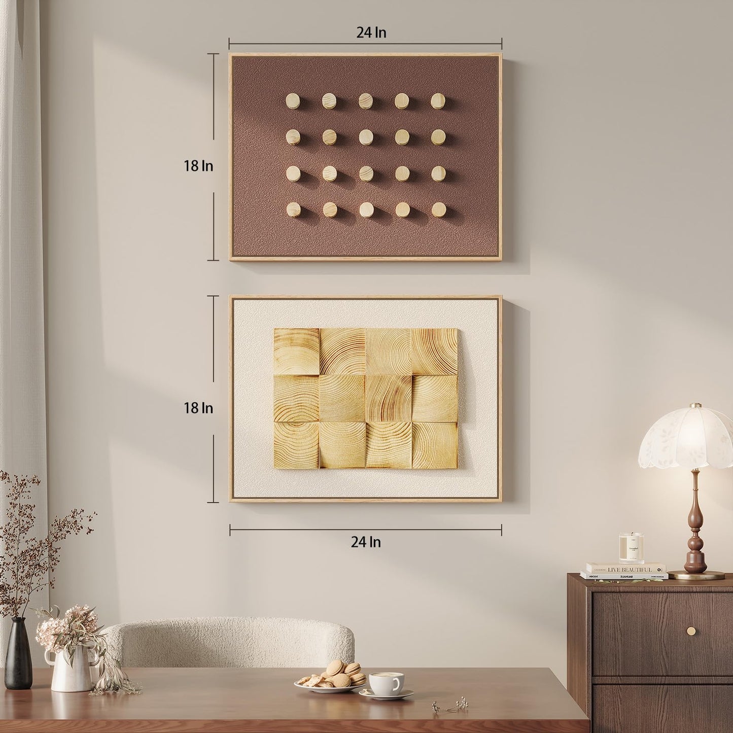 Large Framed Wood Wall Art Set of 2, 3D Minimalist Neutral Geometric Wooden Wall Decor, Modern Beige Brown Textured Paintings Artwork for Living Room, Hallway, Dining Room, Bedroom, Office