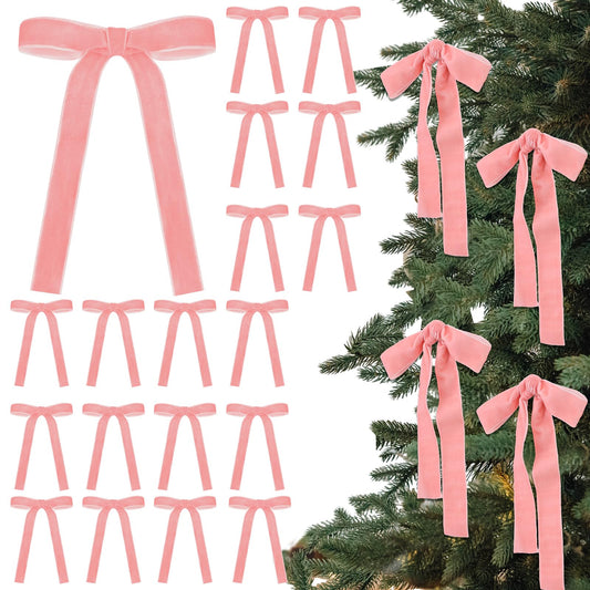 Glitinsel 24 Pcs Velvet Bows for Christmas Tree Vintage Ribbon Bows for Crafts Garland Home Coquette Wedding Birthday Decor(5 x 7 Inch，Width of 1",Dusty Pink)
