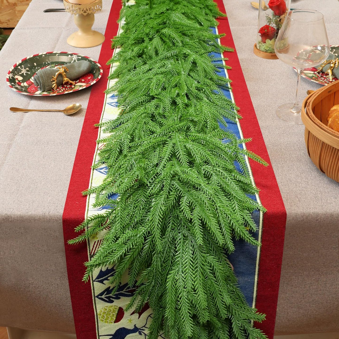 6 Ft 2 Pcs Artificial Norfolk Pine Garland, Real Touch Green Faux Greenery Garland for Christmas Table, Mantle, Wall, Fireplace, Indoor Outdoor Decor