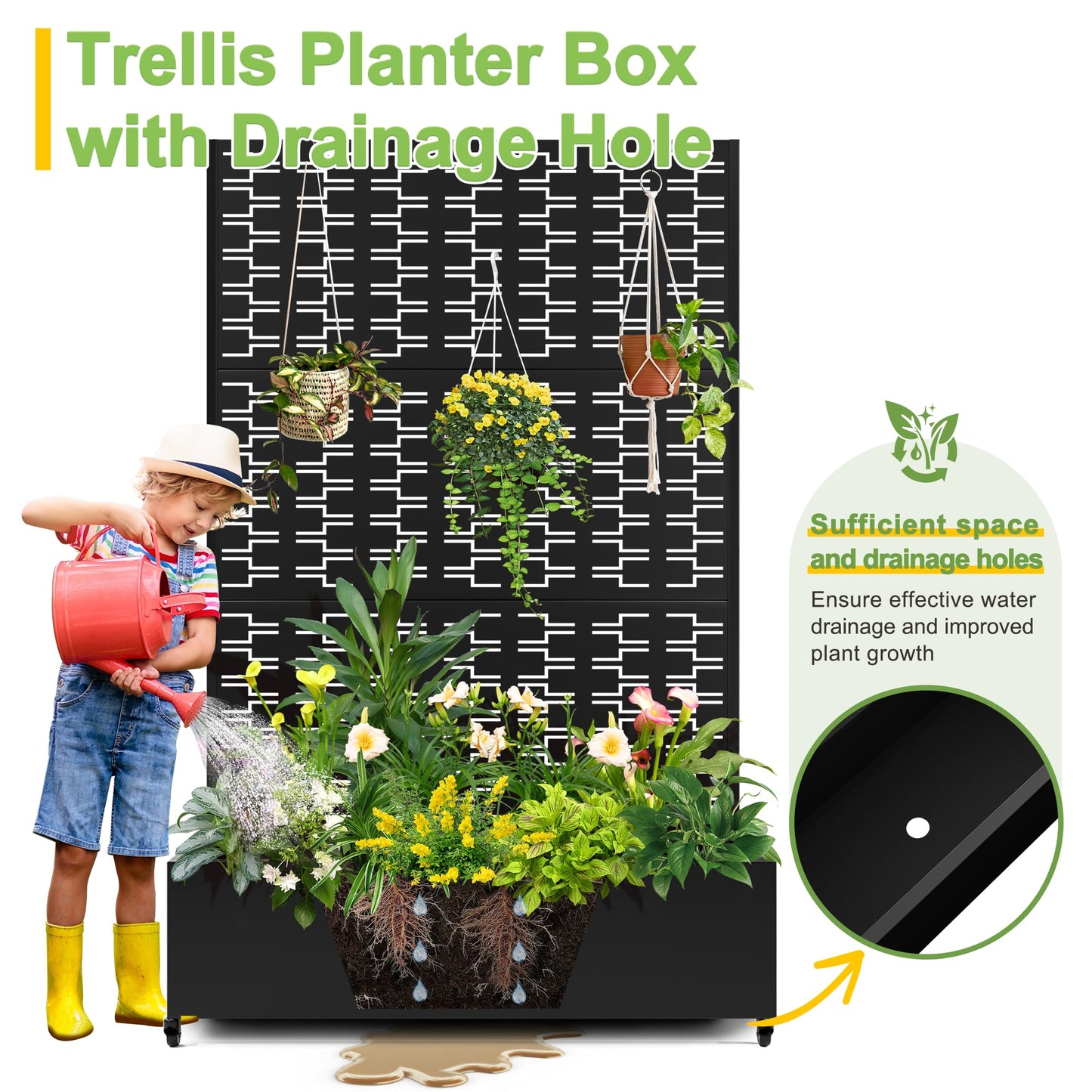 FENCY Metal Raised Garden Bed with Wheels and Trellis,73"x47"x16" Planter Box for Climbing Plants, Vegetables & Vines, Features Privacy Screen and Drainage Holes (Black-Brick)