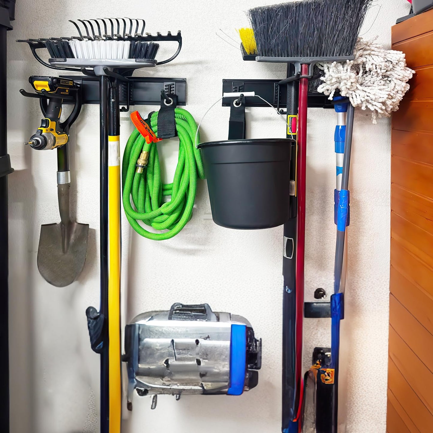 Garage Tool Organizer Wall Mount, 48 Inches Garden Garage Storage Organizer with Adjustable Hooks, Metal Garage Storage Rack Max Loading 440lbs, Tool Holder for Hanging Rake Broom Mop Snowboard