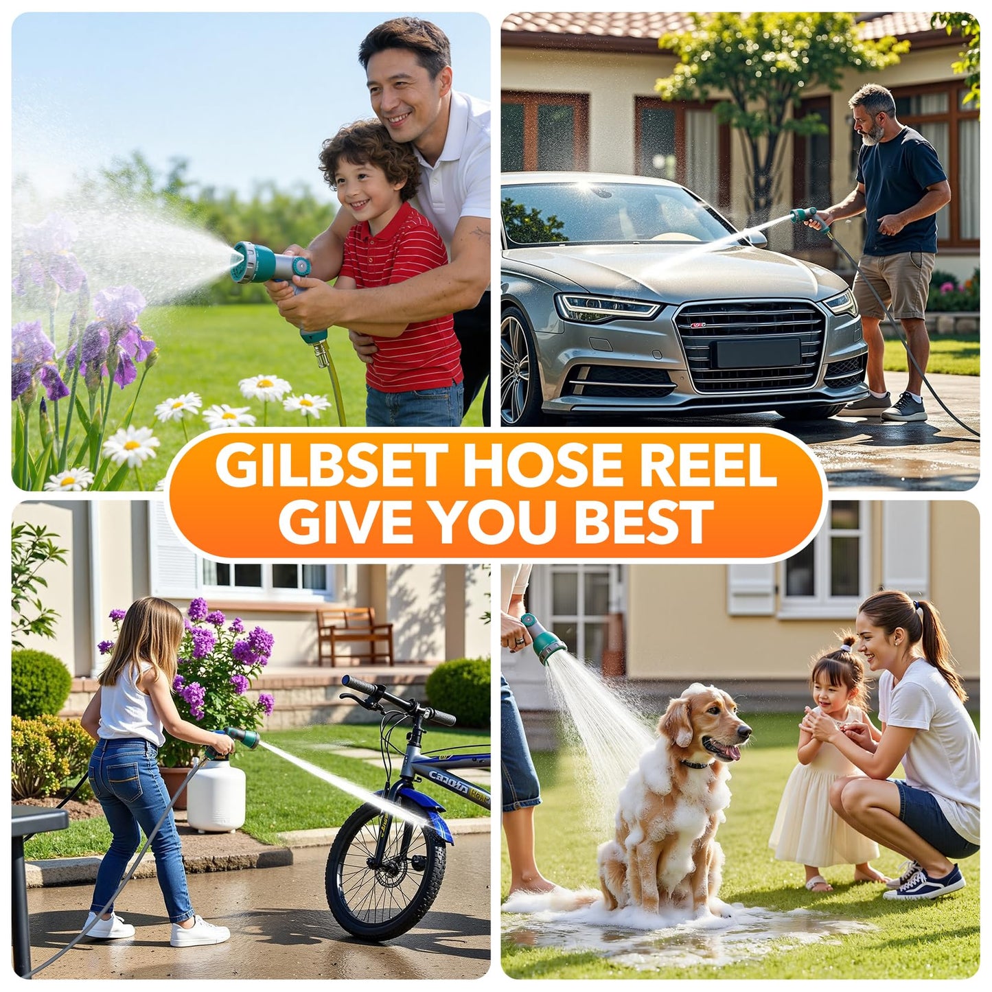 GILBEST 5/8" x 100 ft Retractable Garden Hose Reel, Heavy Duty Water Hose Reel Wall Mounted, Any Length Lock, 180°Swivel, Retractable Hose with 10-Function Nozzle for Cleaning, Watering (Green)