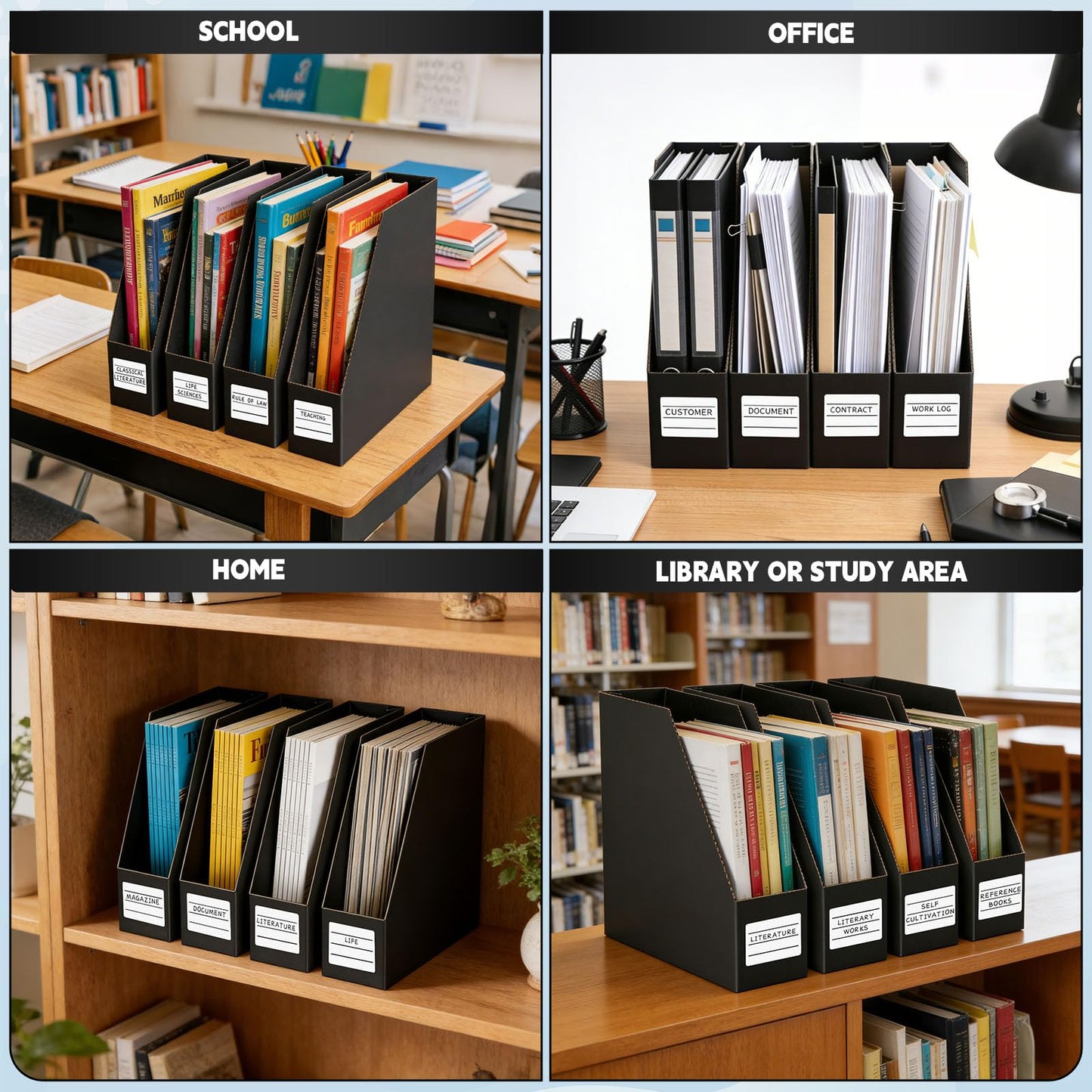 YOTINO Black Magazine Holder, 6 Pack Cardboard Magazine File Holders, Vertical Desktop File Holder Organizer, Sturdy Magazine Rack for Office, Home and Classroom