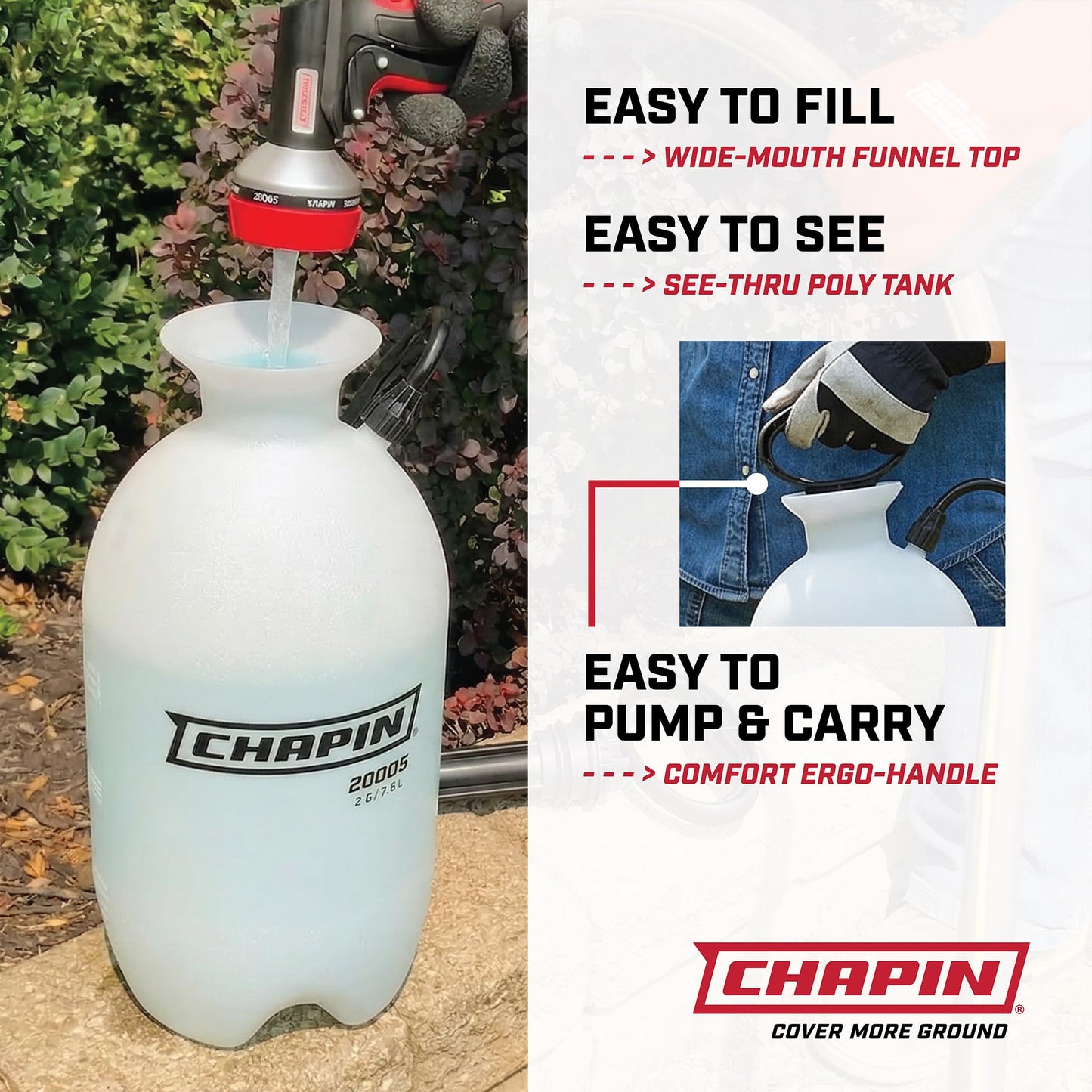 Chapin 20005 Pump Sprayer, 2‑Gallon, Lawn & Garden, Translucent Poly Tank, Funnel‑Top, SureSpray, Adjustable Cone Nozzle & 34" Hose for Fertilizer, Weed & Pest Application