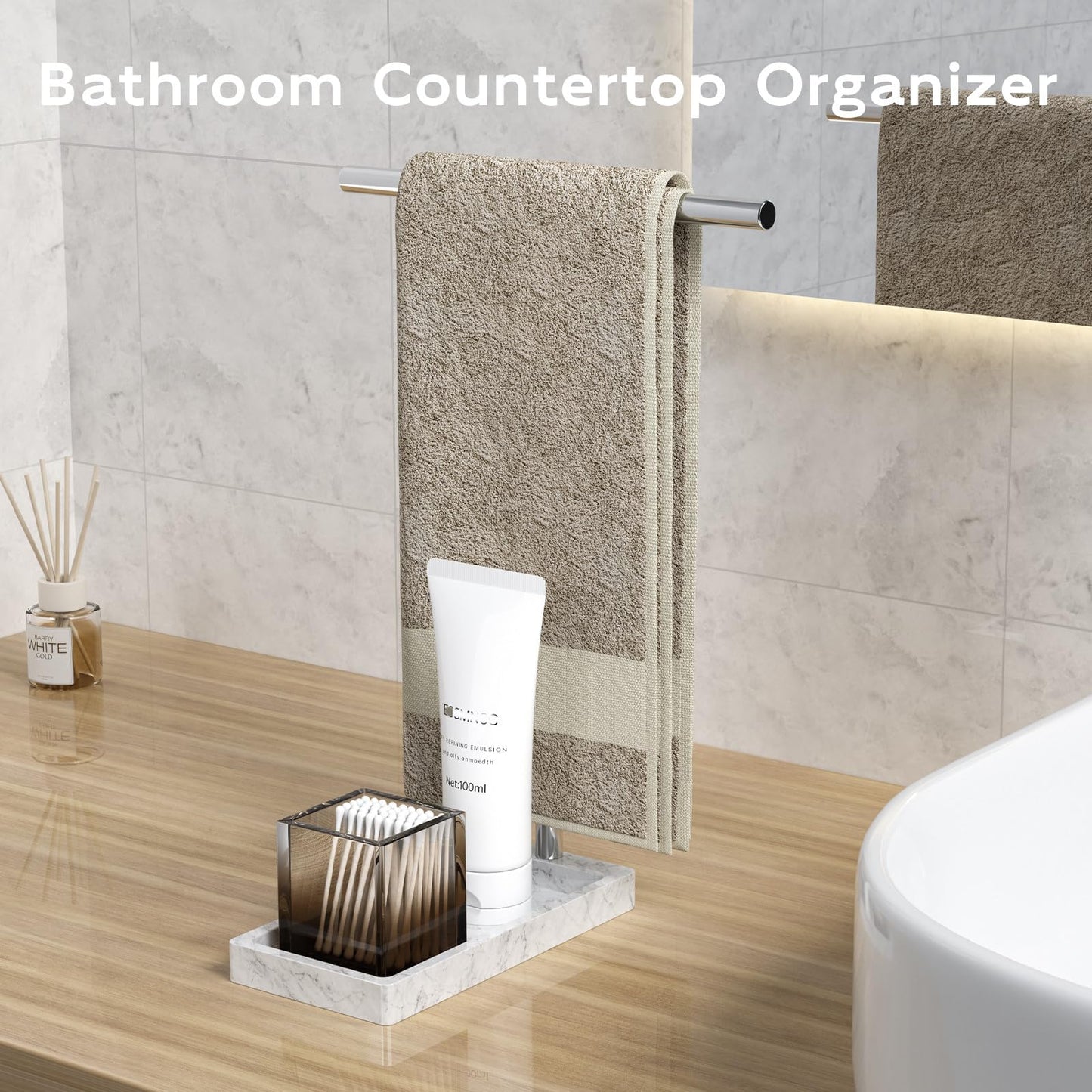 Volnamal Hand Towel Holder, 2 in 1 T-Shape Hand Towel Stand for Bathroom with Marble Base Tray, Hand Towel Rack Standing for Vanity Kitchen Countertop, Stainless Steel (Brushed)