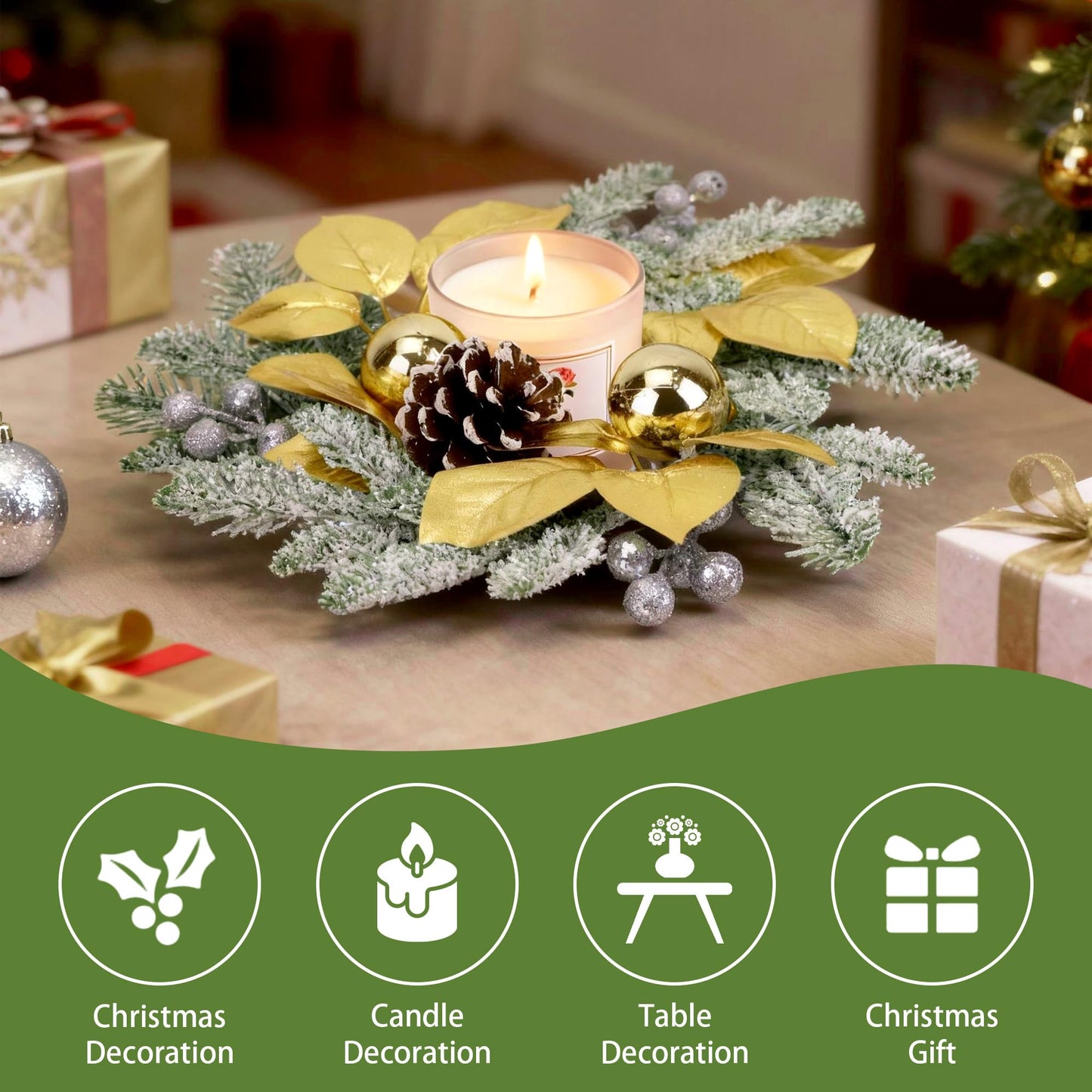 Christmas Candle Rings Wreath,8in Small Wreaths for Kitchen Cabinet with Balls,Pine Cones,Pine Needles and Berries for Home Christmas Table Centerpiece Decorations (6, Gold)