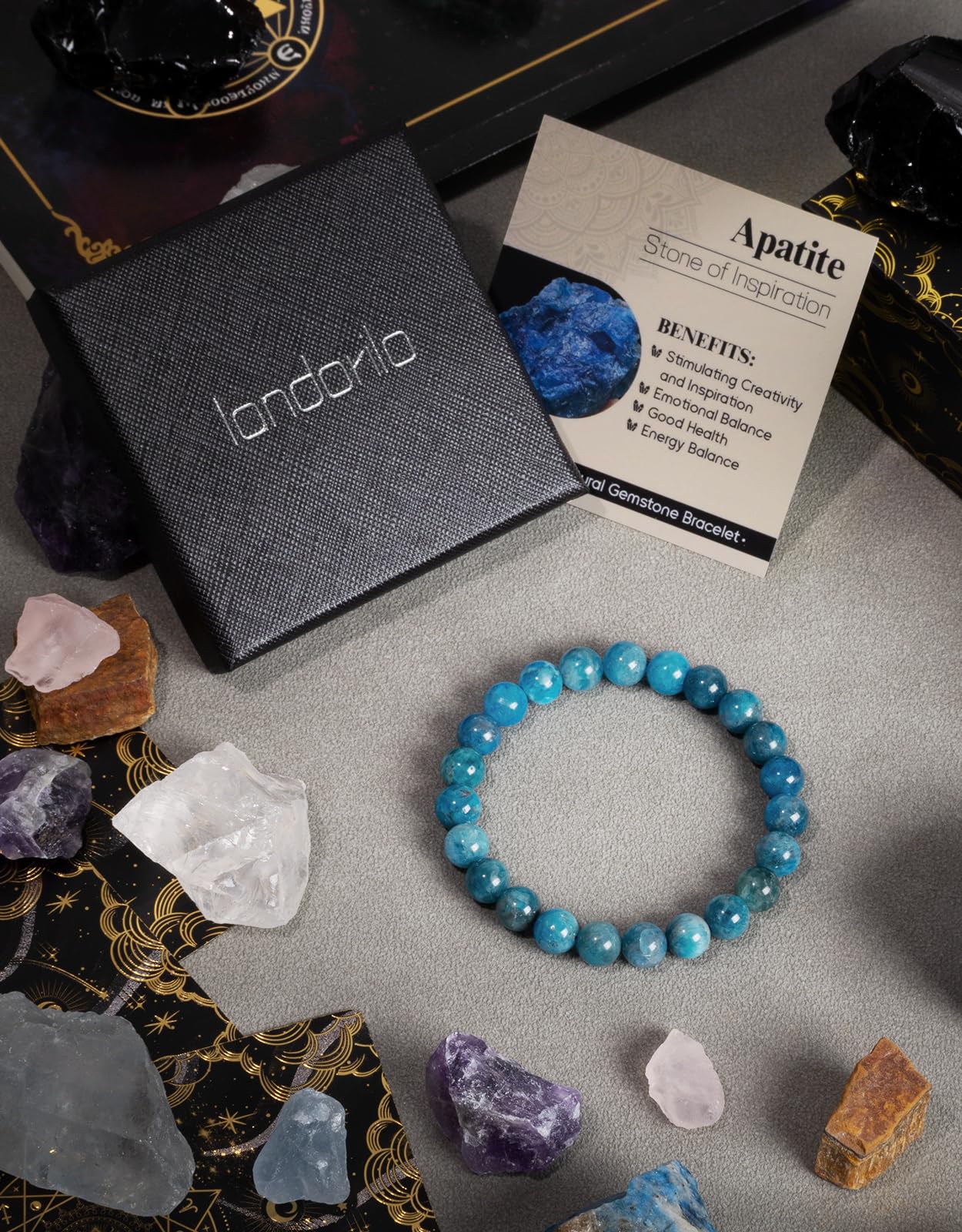 Landorilo Beaded Bracelet for Men Women, 8mm Natural Stone Apatite Healing Crystal Stretch Bracelets, Ideal Christmas Birthday Jewelry Gifts with Energy Card，Replacement Beads Included