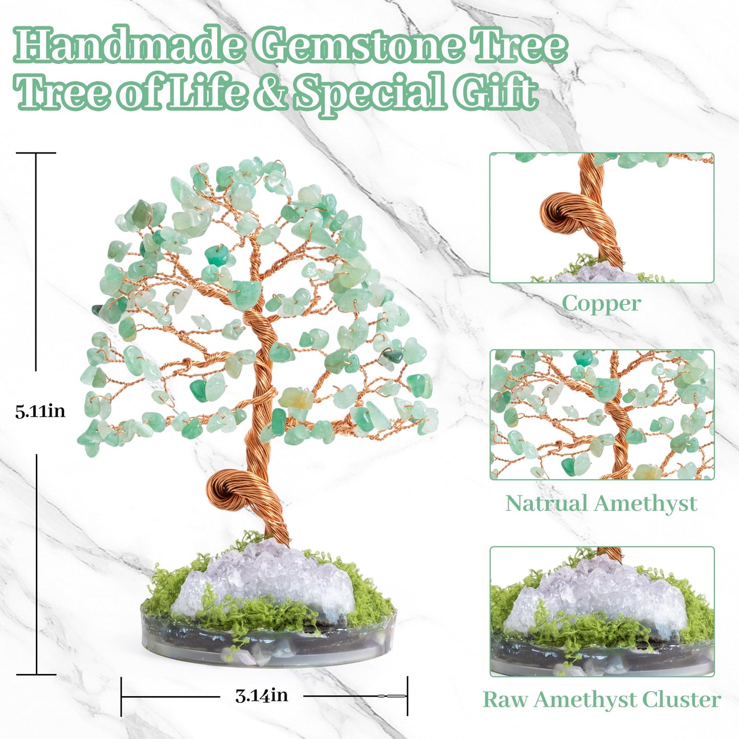 Dreamocean Green Aventurine Crystal Tree Gemstone Tree Crystal Bonsai Money Tree of Life for Positive Energy, Money, Good Luck Chirstmas Birthday Gifts for Sister（Green）