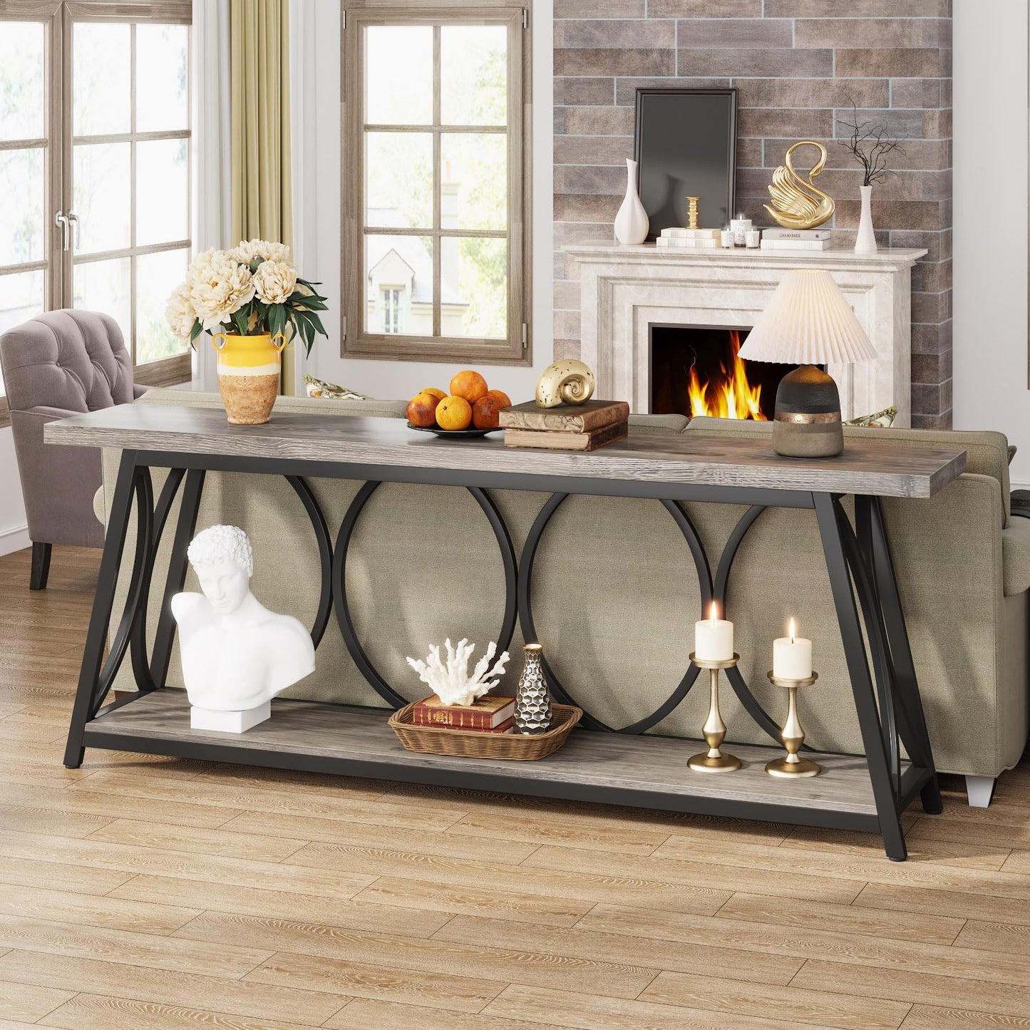 Tribesigns 70.9 inch Extra Long Console Table, Industrial Sofa Table Behind Couch with 2 Tier Storage Shelf, Narrow Entryway Hallway Accent Table for Living Room, Grey