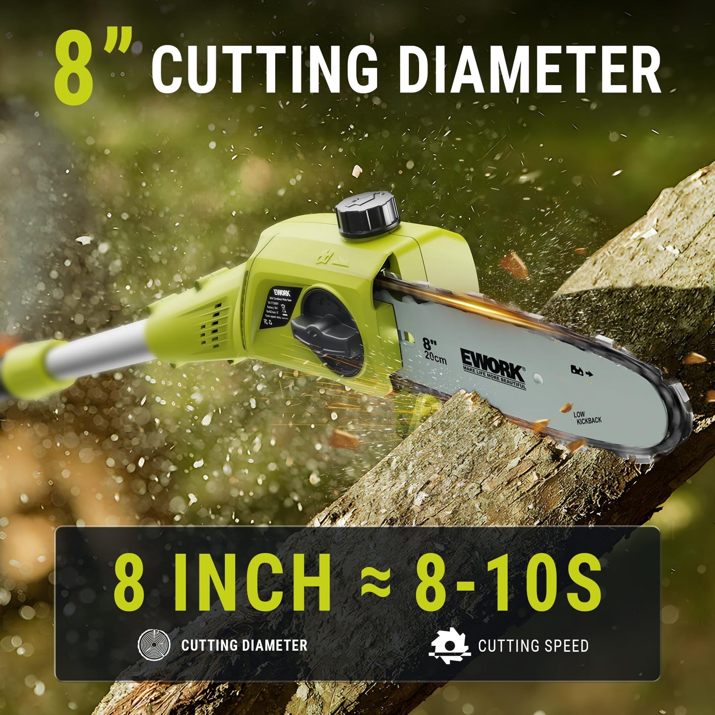EWORK Electric Pole Saws for Tree Trimming 20V 8-Inch Cordless Pole Chainsaw 6.5 Lbs, Extension to 14.2-Ft, Auto Oiling Pole Saw Battery Powered with Battery & Fast Charger for Branch Pruning & Pruner