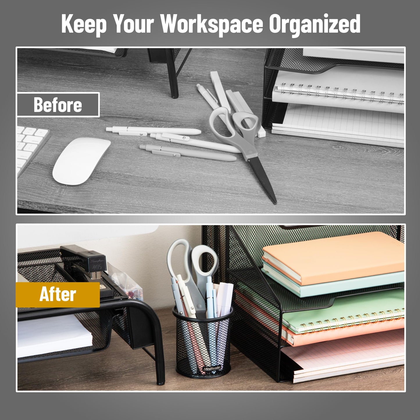 Mind Reader Pen and Accessories Holder, Desktop Organizer, Office, Metal Mesh, 3.5"L x 3.5"W x 3.75"H, Set of 3, Black