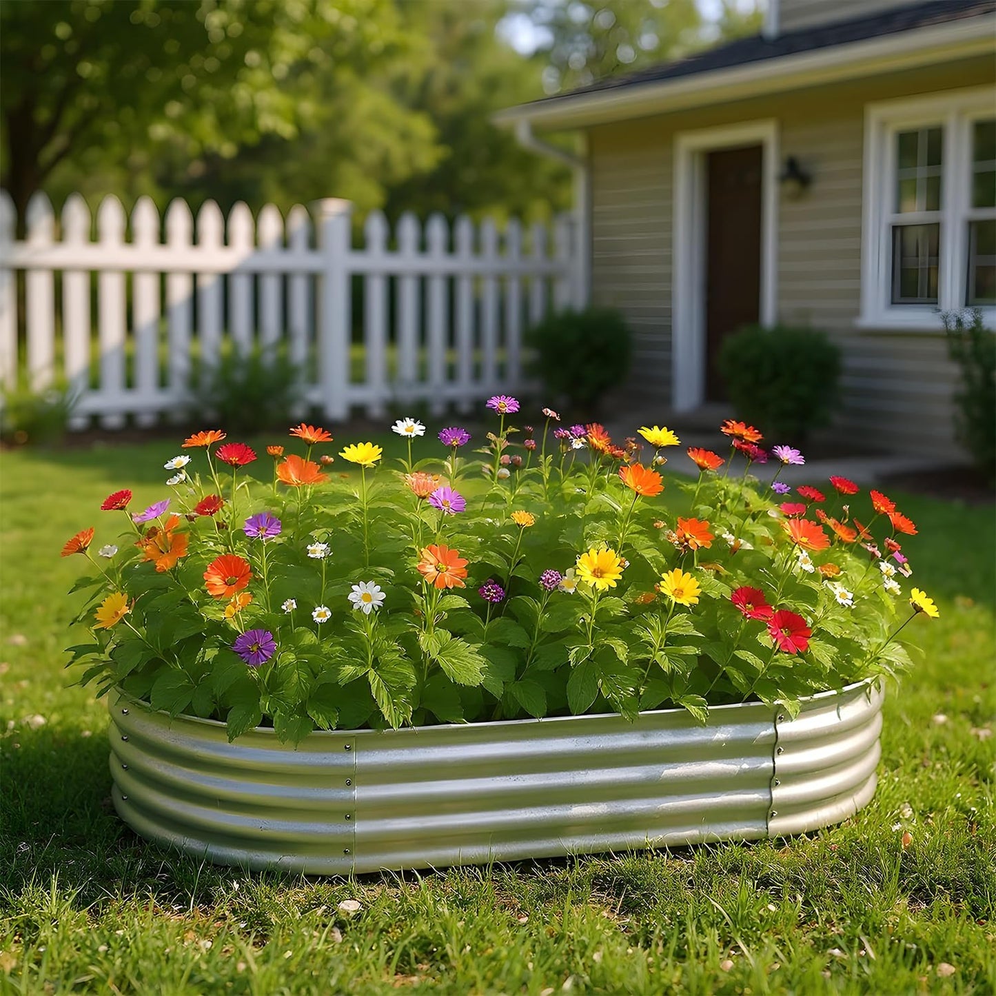 PayLessHere 6x3x1FT Galvanized Garden Bed, Outdoor Elevated Raised Garden Bed Vegetables Flowers Garden Bed Galvanized Steel Garden Planter Box, Oval Raised Bed Kit, Silver