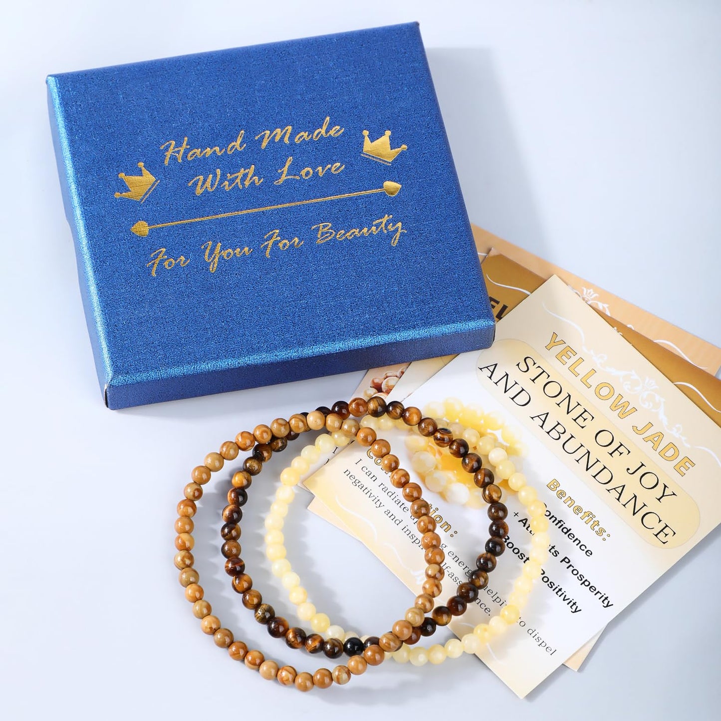 CMBYN 3-Pieces 4mm Natural Crystal Gemstone – ﻿Woodgrain Jasper, Yellow Jade, Yellow Tiger's Eye Handmade Reiki Energy Healing Stretch Bracelets Jewelry for Yoga, Meditation, Unisex