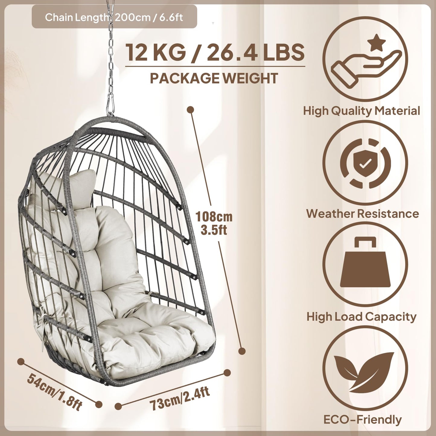 Chihee Egg Chair Foldable Wicker Rattan Hanging Swing Chair Indoor Outdoor Patio Wicker Chair Hammock Chairs with Stainless Steel Hanging Kit Chain Link UV Resistant Cushion Bedroom Balcony