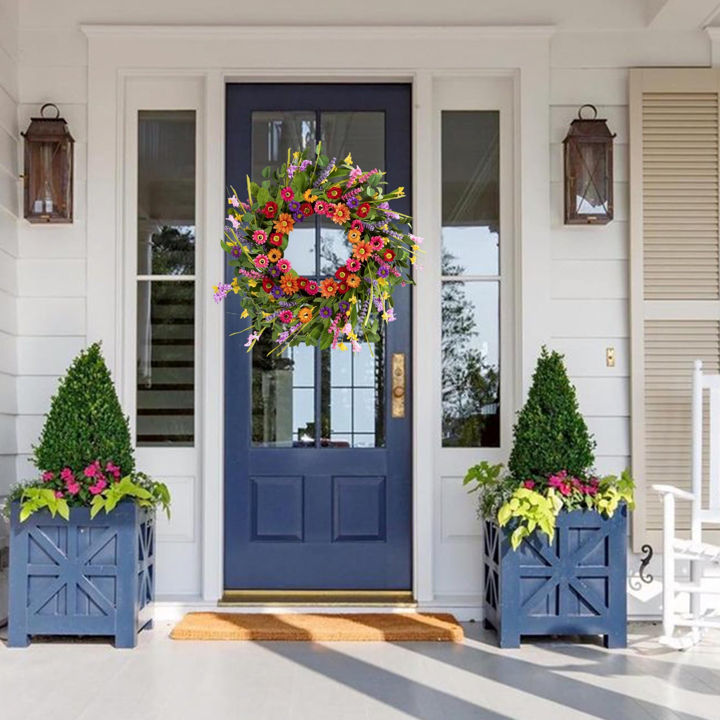 WSTPUPU Artificial Spring Wreath 22 Inch Summer Wreaths for Front Door with Green Eucalyptus Leaves Pink Daisy Lavender Spring Door Wreath for Farmhouse Wall Wedding Home Porch Easter
