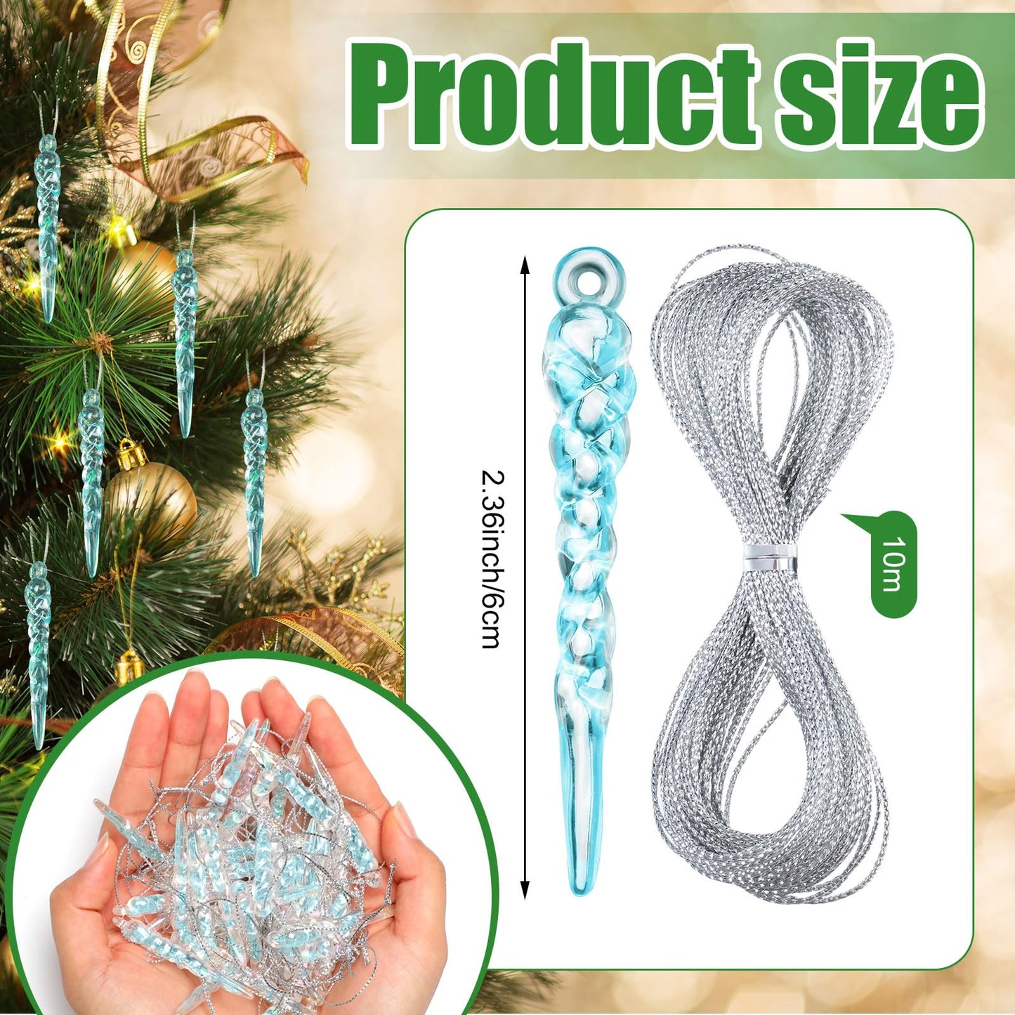 Cinnvoice Blue 36 Pcs Christmas Ornaments Mini Icicle Christmas Decoration Plastic Crystal Hanging Icicles Ornaments for Xmas Tree Winter Wedding Party Decor