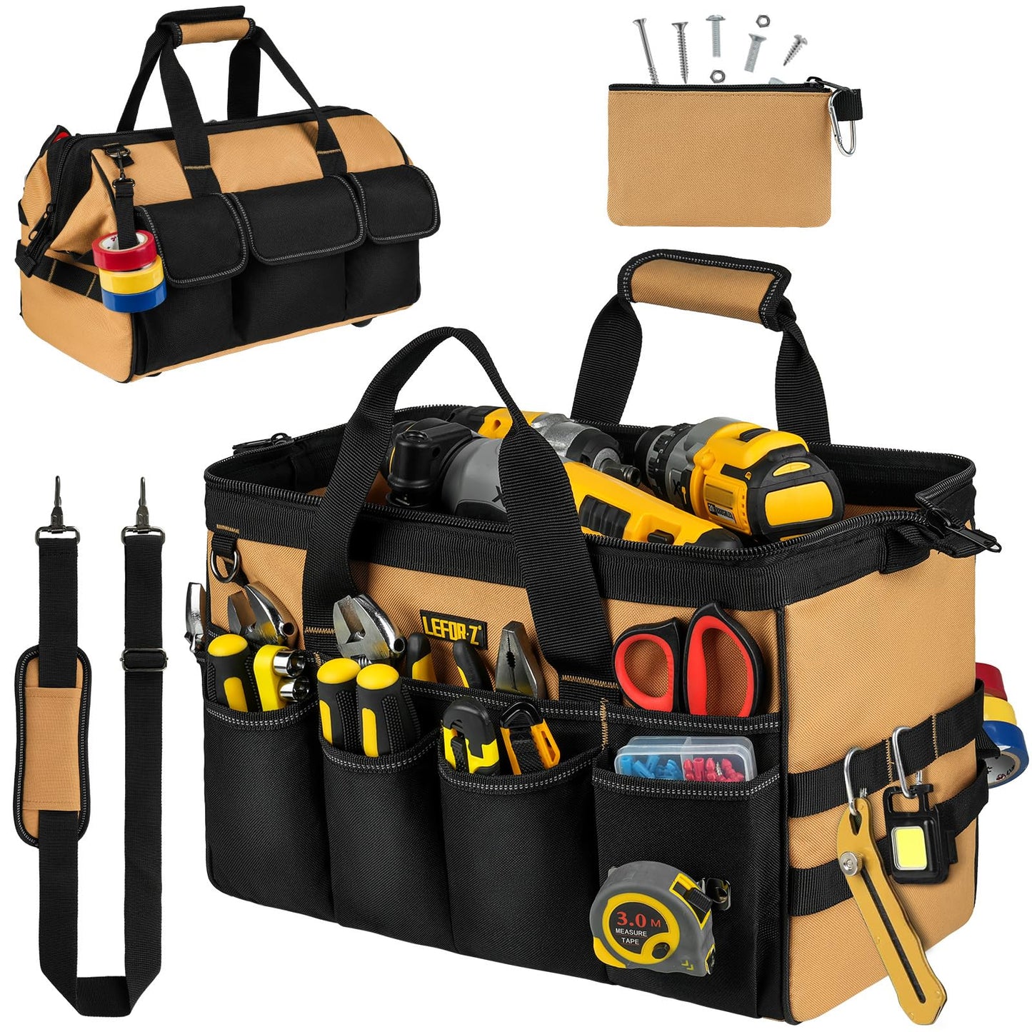 27 Pockets Tool Bags for Men,16-Inch Heavy Duty Tool Bag,Large Toolbag Tool Box Organizer,Portable Toolbox Tools Tote Carrying Case for Mechanic,Electrician,Father Day Gifts for Him Dad Men,Brown