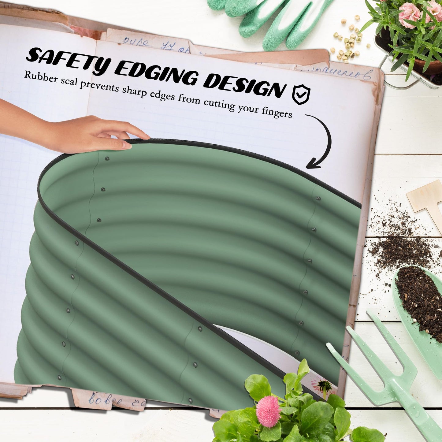 3.5' x 2' x 1.4' Galvanized Raised Garden Bed Kit, Outdoor Metal Elevated Planter Box with Safety Edging, Easy DIY Stock Tank for Growing Flowers, Herbs Vegetables, Green