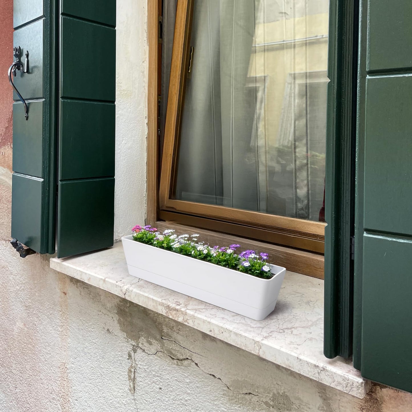 GREANER 16x3.8 Inch Window Boxes Planters, 1PCS Plastic Rectangle Potwith Tray, Lightweight Indoor Succulent Cactus Flowers Vegetable Herb Planters for Balcony, Office, Garden, Outdoor, Windowsill