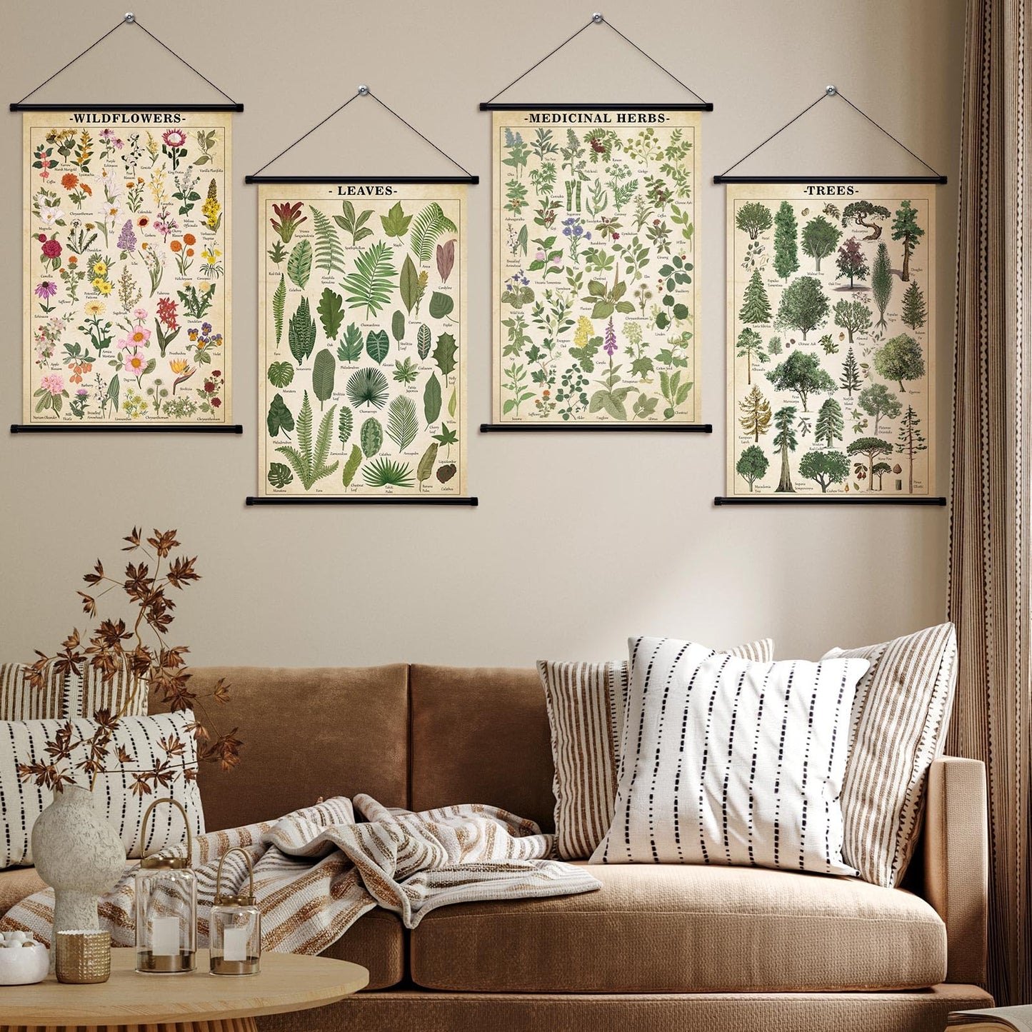 Lewtemi 4 Pcs Vintage Poster Nature Botanical Wall Art Wildflowers Leaves Medicinal Herbs Trees Wall Hanging Poster Prints Plants Chart Poster for Classroom, 15.35 x 23.62 Inch(Retro, Green Plants)