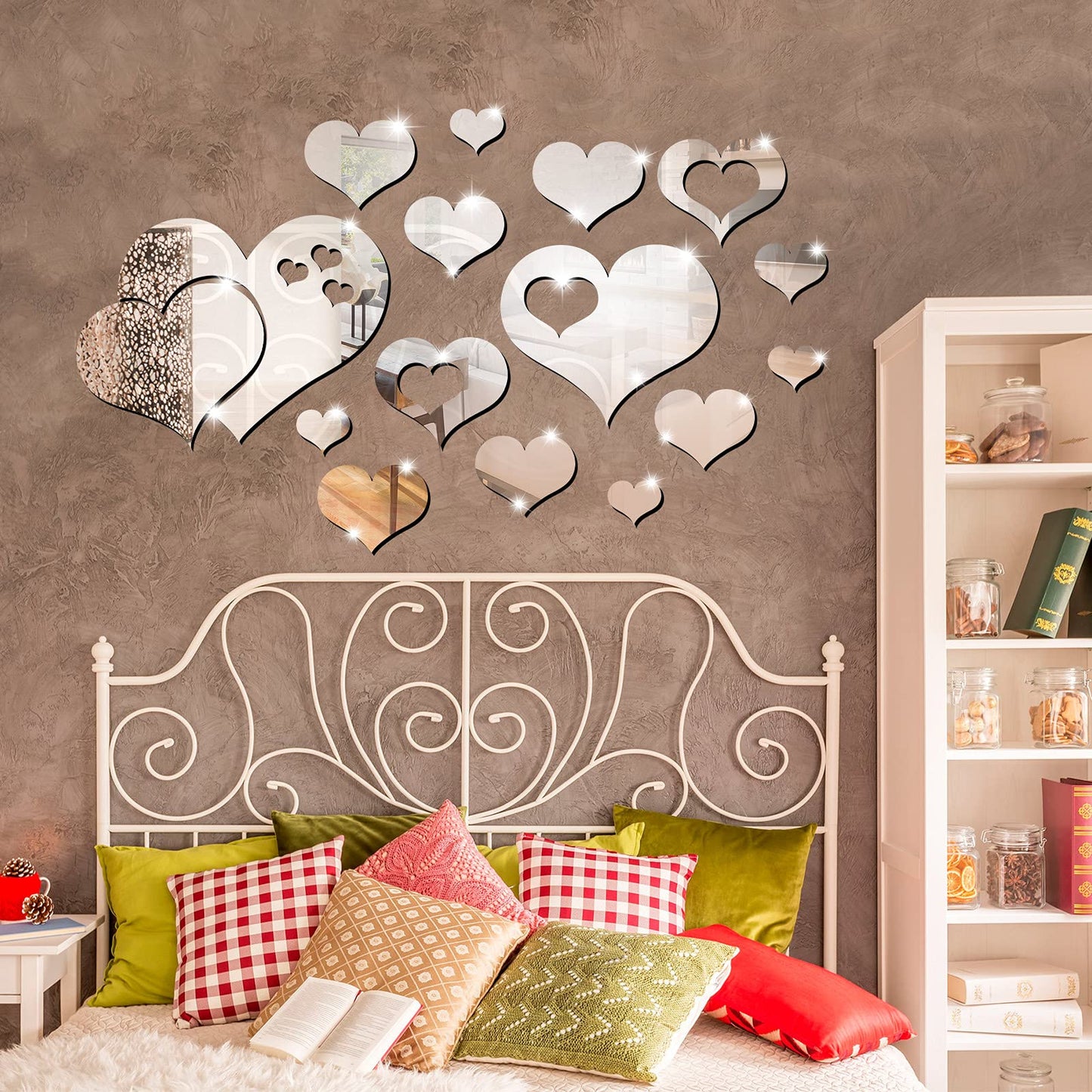Zonon 17 Pieces Heart Mirror Wall Decal 3D Acrylic Heart Mirrors Wall Art Decor Removable Sticker for Living Room Bedroom Home Decoration