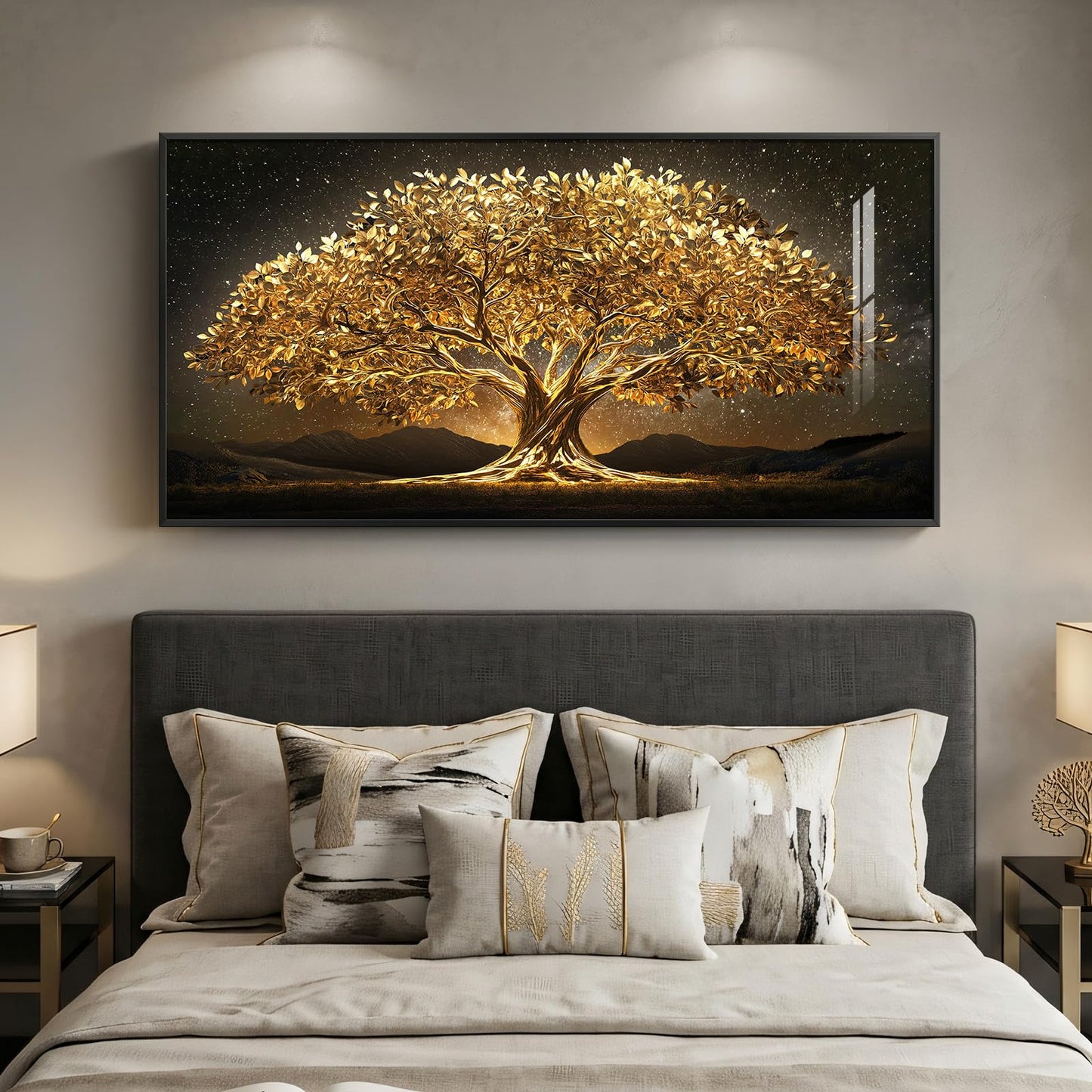 Large Framed Black and Gold Tree of Life Wall Art, Modern Luxury Tree Painting Print Artwork for Walls, Contemporary Dark Elegant Glam Picture for Living Room Bedroom Office Wall Decor, 60x30 Inch